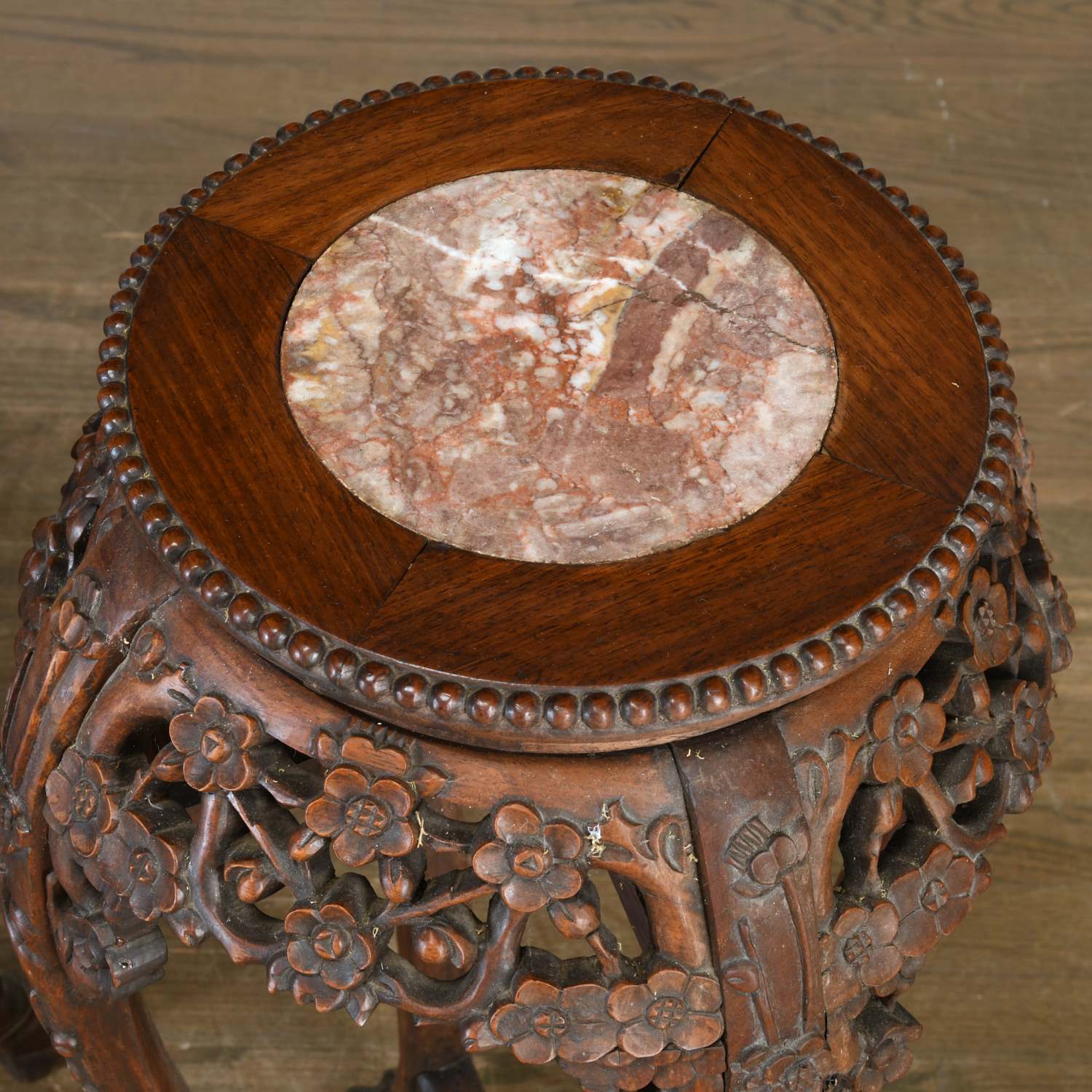 (4) Chinese carved hardwood, marble inset stands - Image 4 of 8