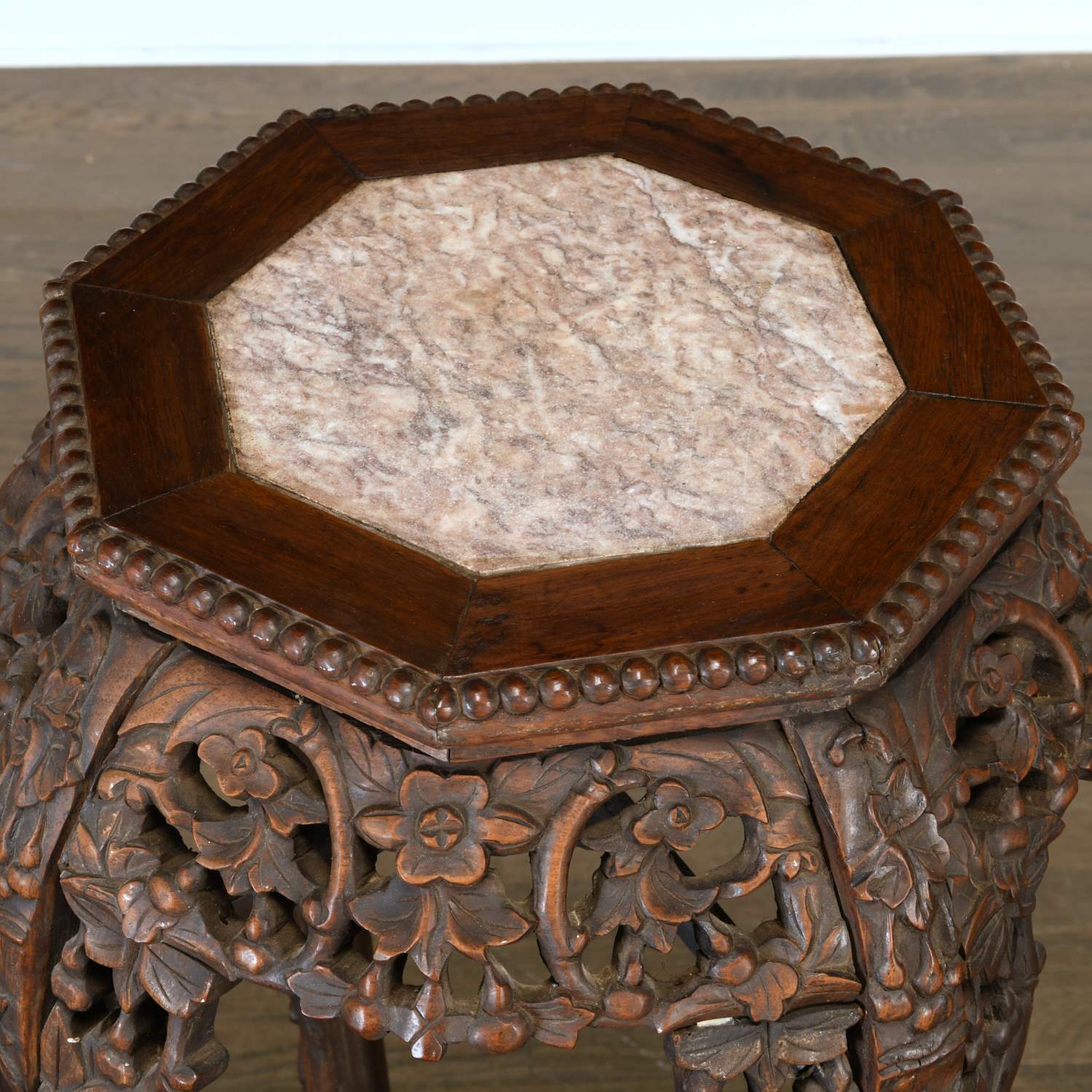 (4) Chinese carved hardwood, marble inset stands - Image 2 of 8