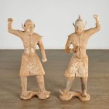 Pair large Chinese pottery guardian figures