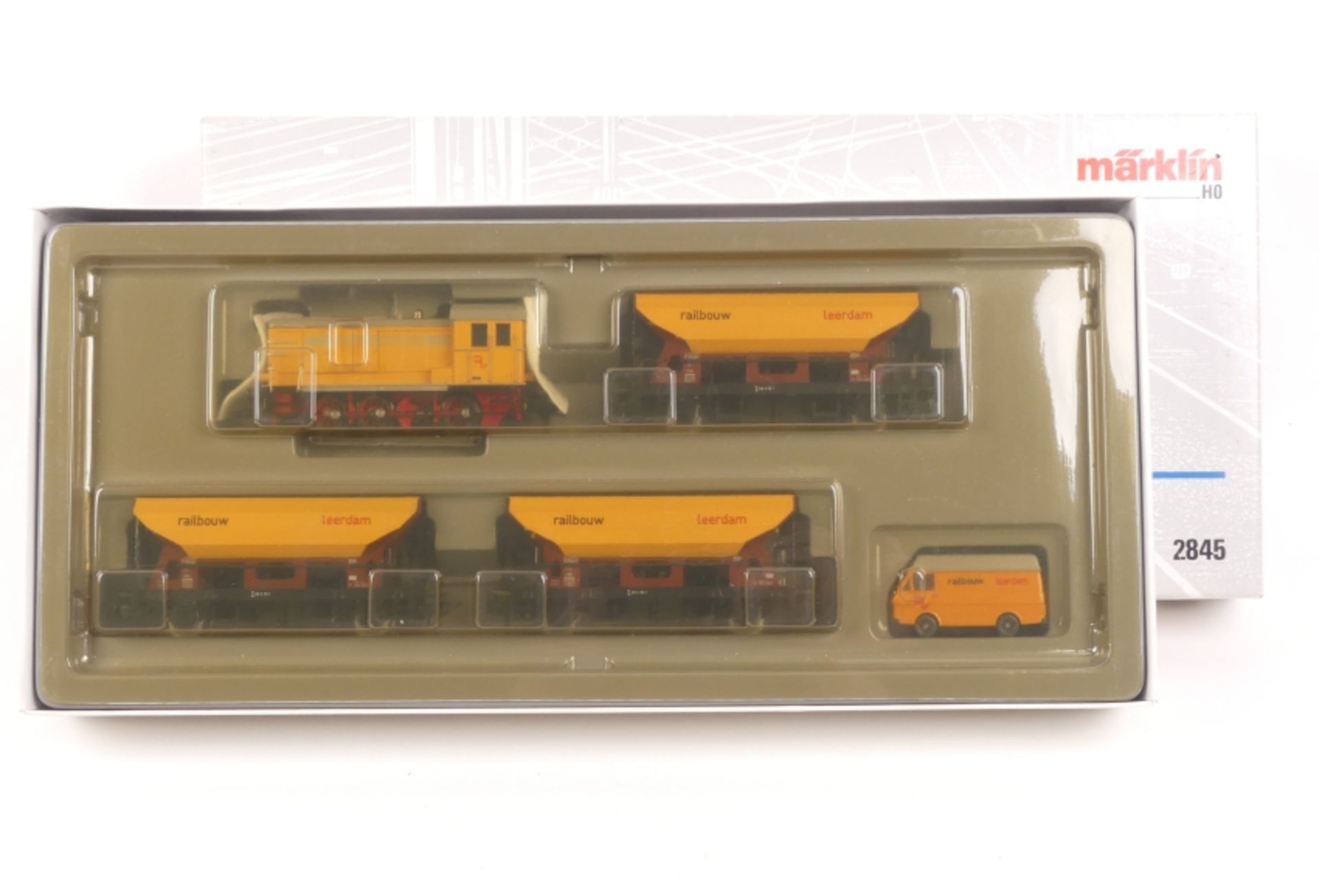 Märklin 2845, Gleisbauzug "railbouw leerdam", Diesellok, analog, drei Wagen, VW-Transporter, sehr