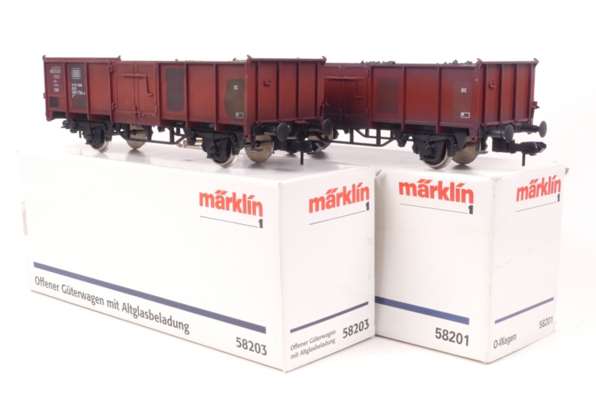 Märklin zwei offene Güterwagen der DB, 58203, mit Altglasbeladung, sehr gut erhalten, ORK, 58201,