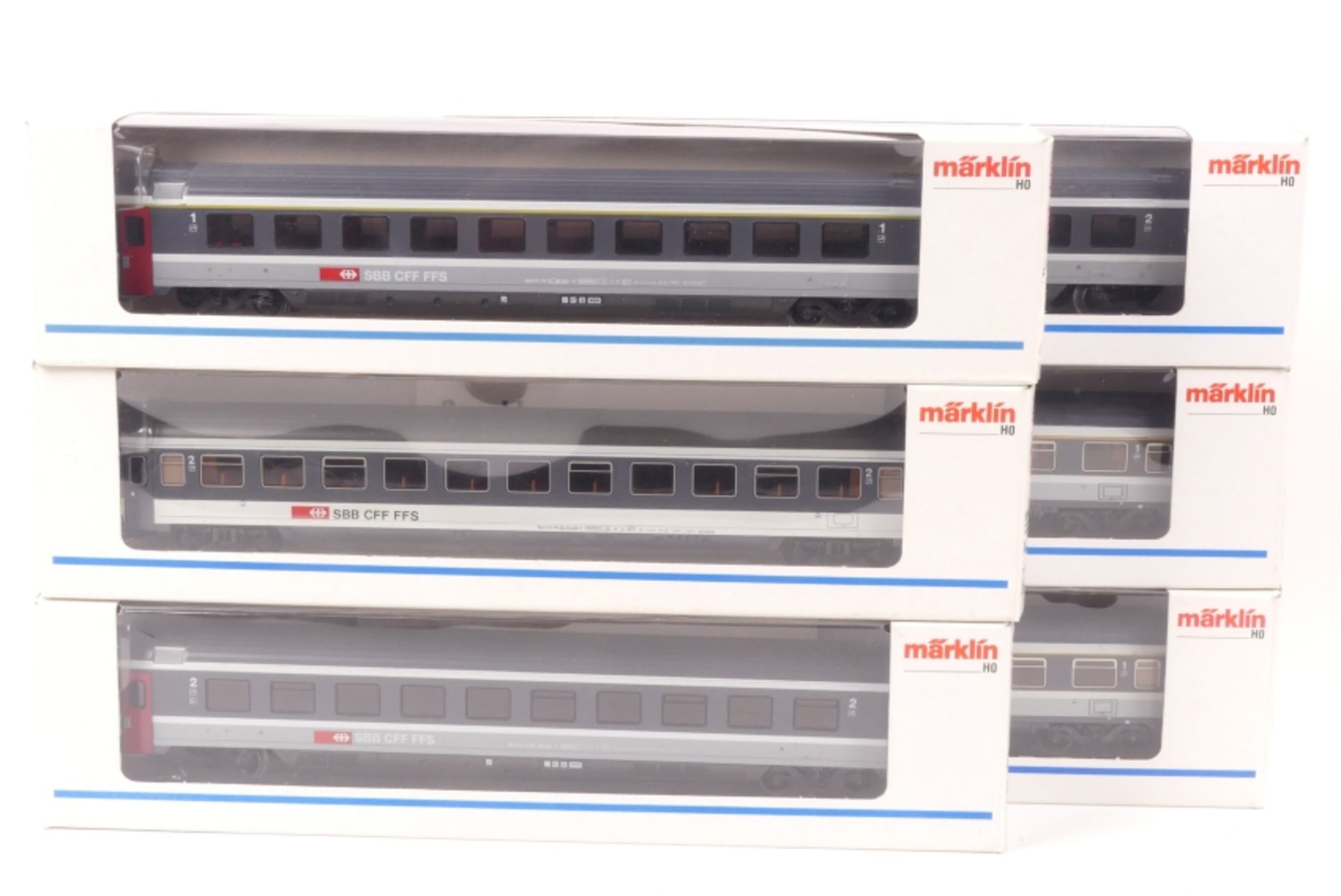 Märklin sechs EuroCity-Wagen der SBB, zwei 4369, 4368, 4365, zwei 4266, sehr gut erhalten, ORK