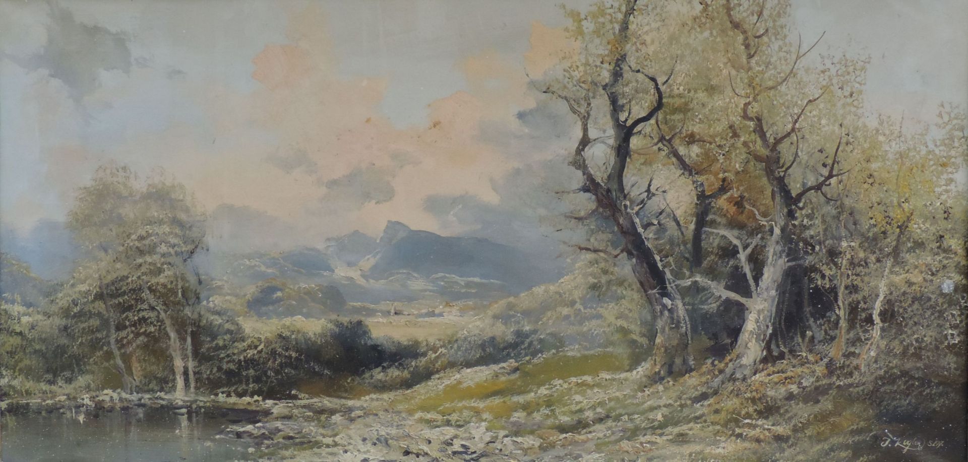 Kugler, Josef sen, *1867, +1946, arb wohl Wien, Öl/Lw, Voralpenlandschaft, re u sign, 30 x 80,