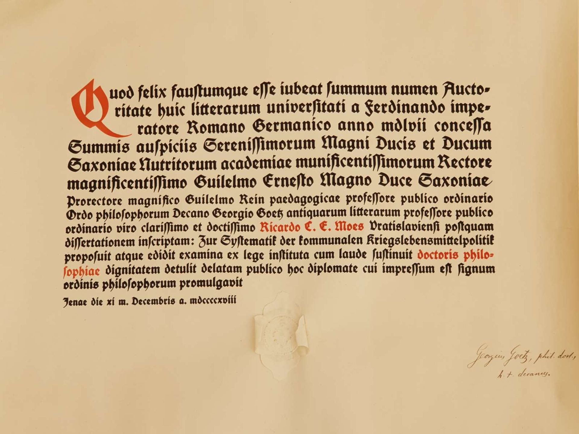 PROMOTIONSURKUNDE, Jena, Universität, Philosophische Fakultät für Richard C.E. Moes, dat 11.12.1918,