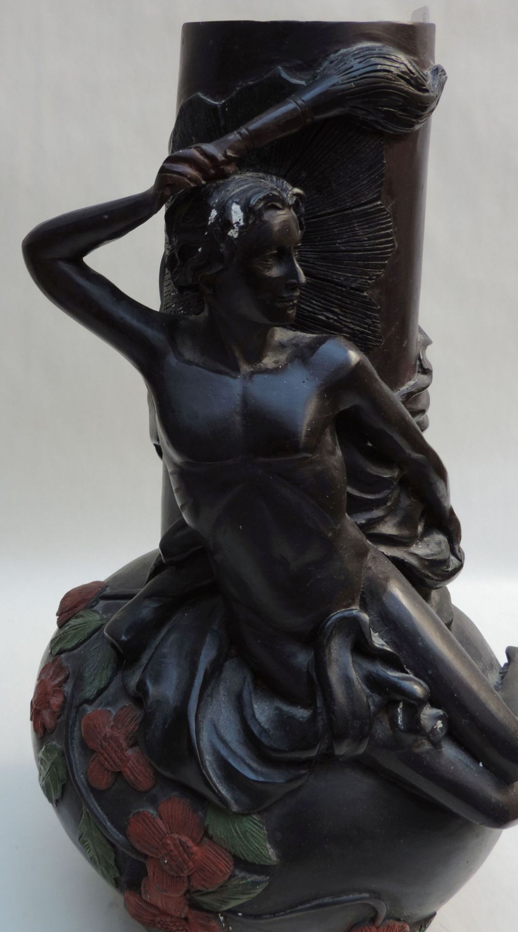 PAAR VASEN, Bronze, Historismusdekor, schwarz patiniert und teilpolychromiert, Kugelkorpus, - Bild 4 aus 5