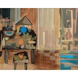 Arthur Armstrong RHA (1924-1996) Still Life - Table and Door collage and mixed media on board signed