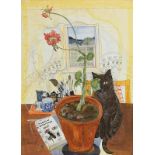 Pauline Bewick RHA (b.1935) Cat and Geranium (1980) watercolour signed lower left and dated 1980