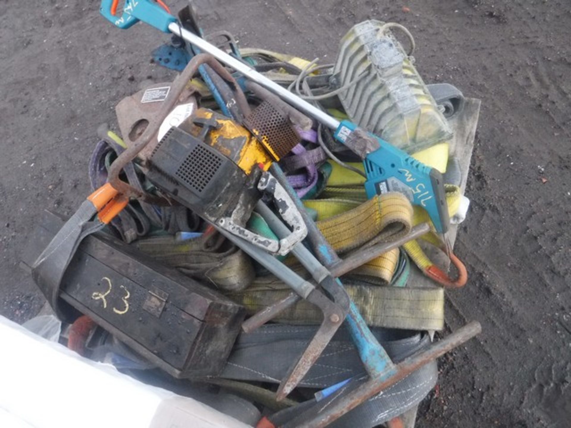 PALLET OF SLINGS, STRAPS, DRILL BITS, PIPE BENDER AND SAW - Image 8 of 8