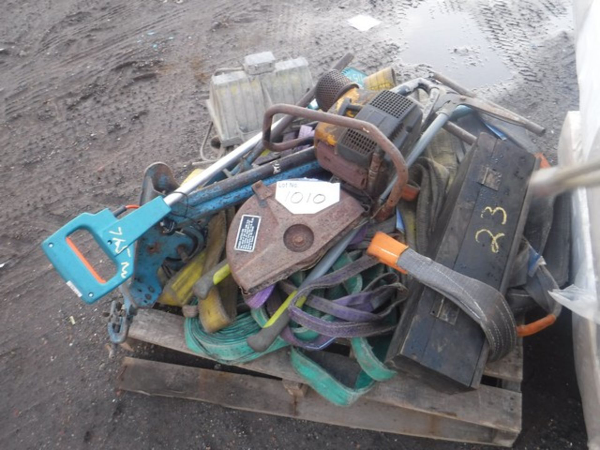 PALLET OF SLINGS, STRAPS, DRILL BITS, PIPE BENDER AND SAW