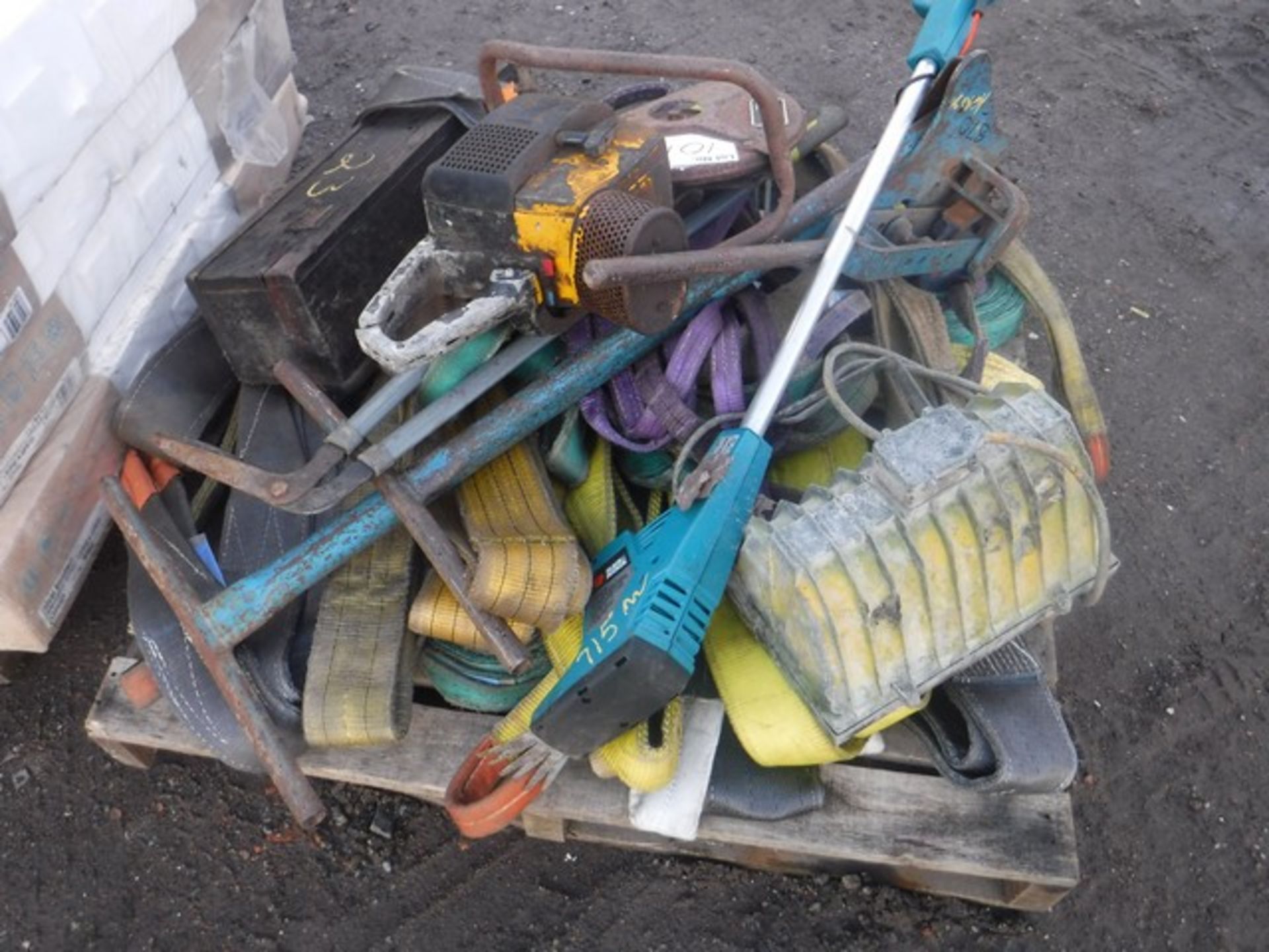 PALLET OF SLINGS, STRAPS, DRILL BITS, PIPE BENDER AND SAW - Image 5 of 8