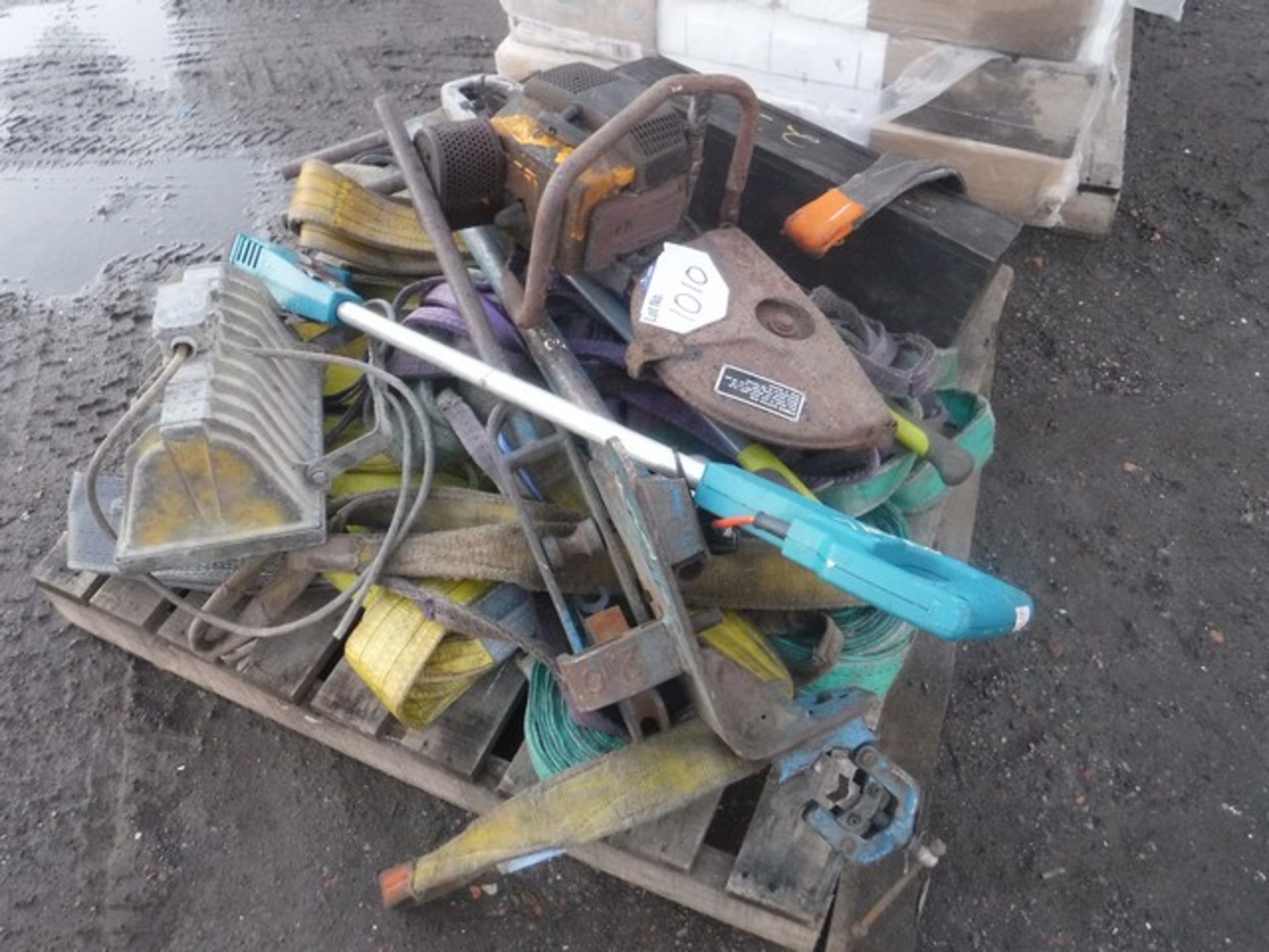 PALLET OF SLINGS, STRAPS, DRILL BITS, PIPE BENDER AND SAW - Image 4 of 8