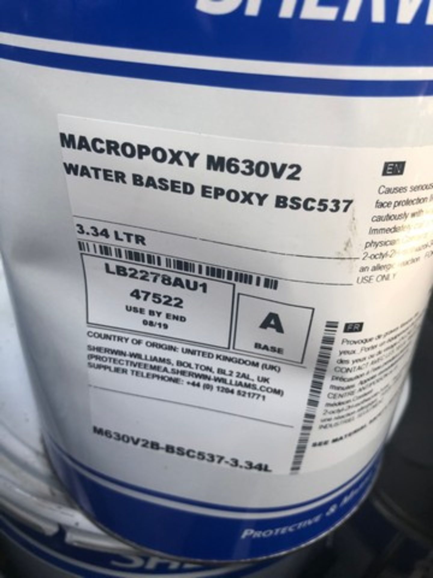 Mixed pallet of Sherwin Williams macropoxy M922 glass flake off white, water base epoxy BSC537, macr - Image 2 of 4
