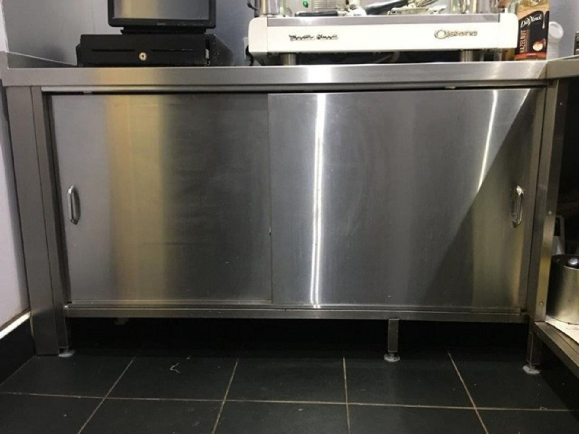 LARGE STAINLESS STEEL COUNTER C/W STORAGE AND SLIDING DOORS 7FT LENGTH x 2FT WIDTH x 3FT HEIGHT