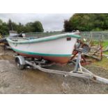 IN BOARD FIBRE GLASS FISHING BOAT - DIESEL VOLVO ENGINE C/W TRAILER