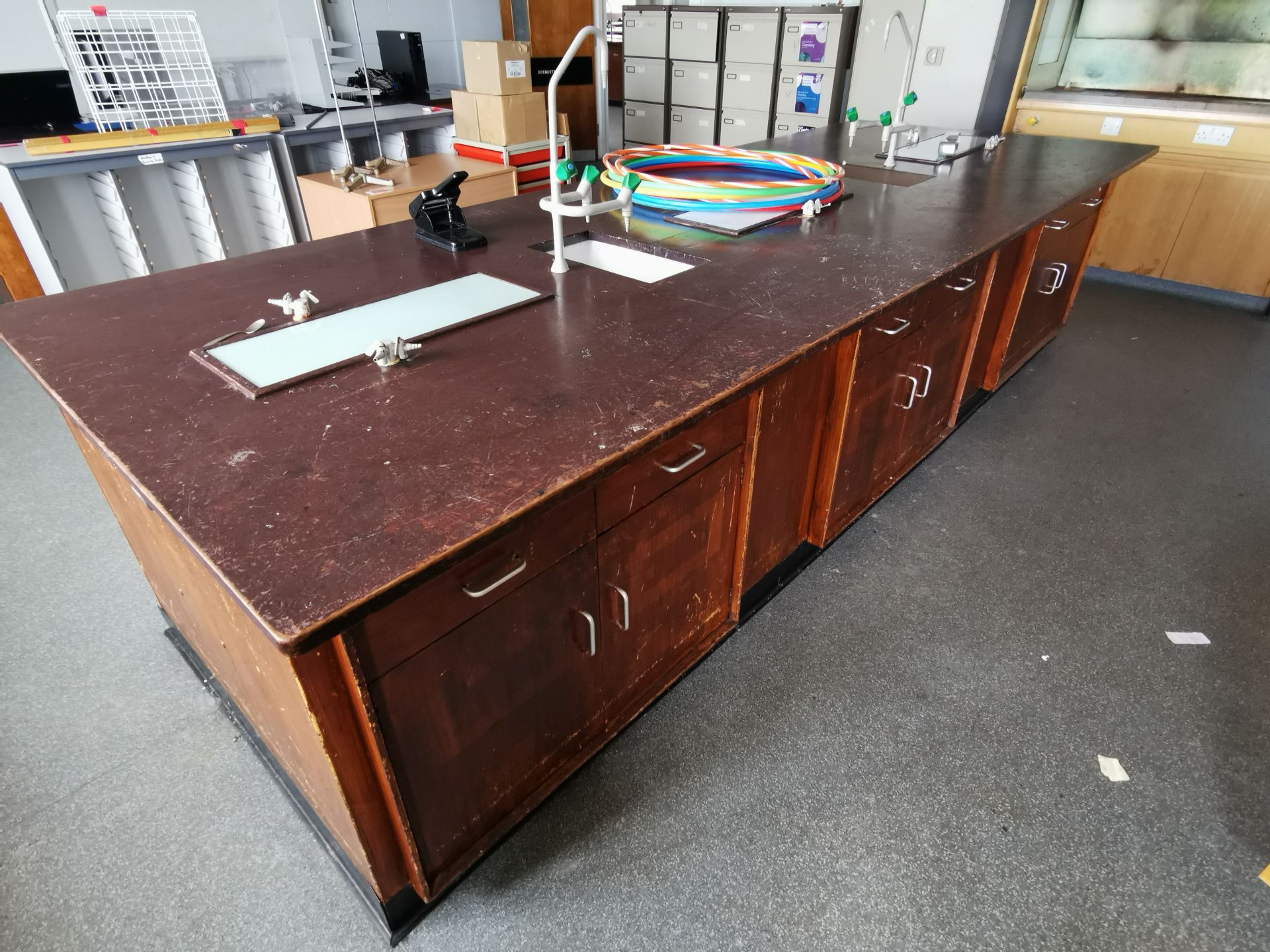 12ft Vintage Wooden workbench with built in gas taps,sinks and 3x Heatproof pads, With storage and