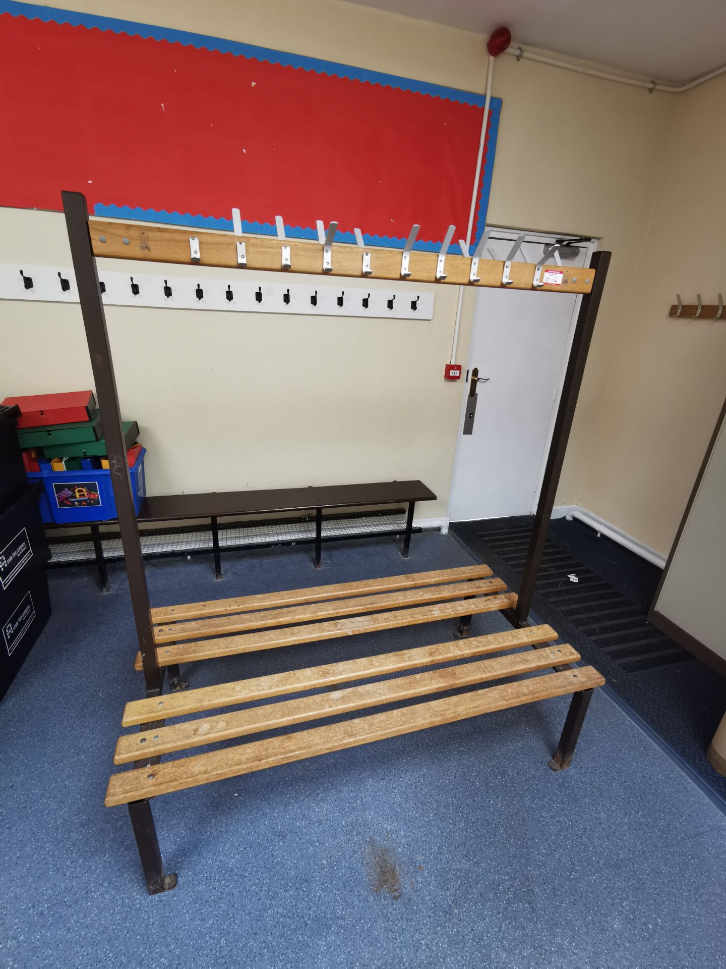 Wood and metal gym bench with clothing pegs (Need new pegs)