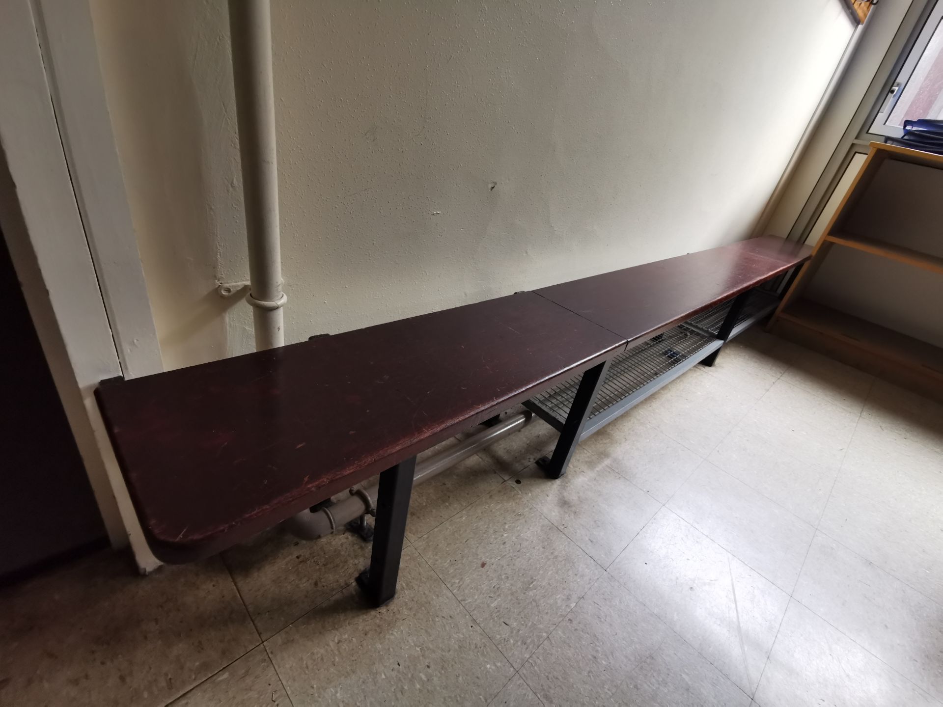 vintage wood and metal gym changing bench