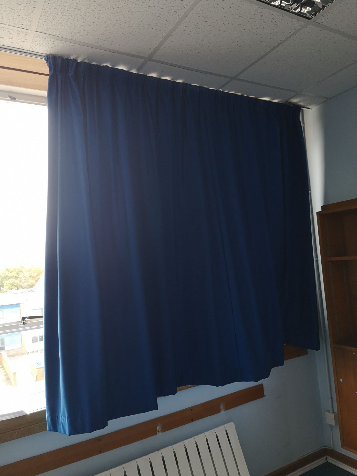 Blue school curtains 2.4m x 1.80m x 3 and 1 at 1.6m