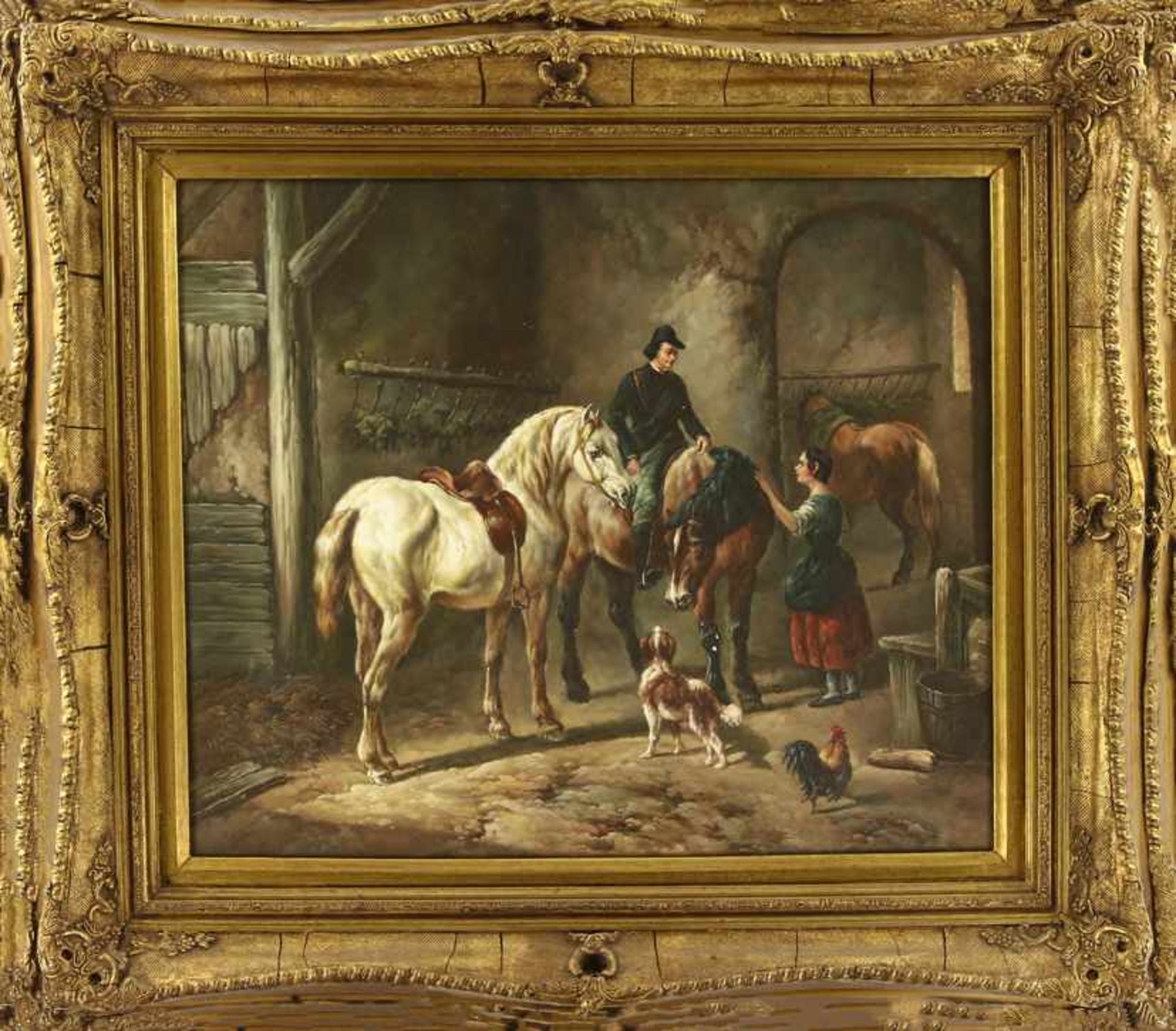 Onbekend, stalinterieur met paarden en figuren, olieverf op doek, onduidelijk gesigneerd - 50 x 60