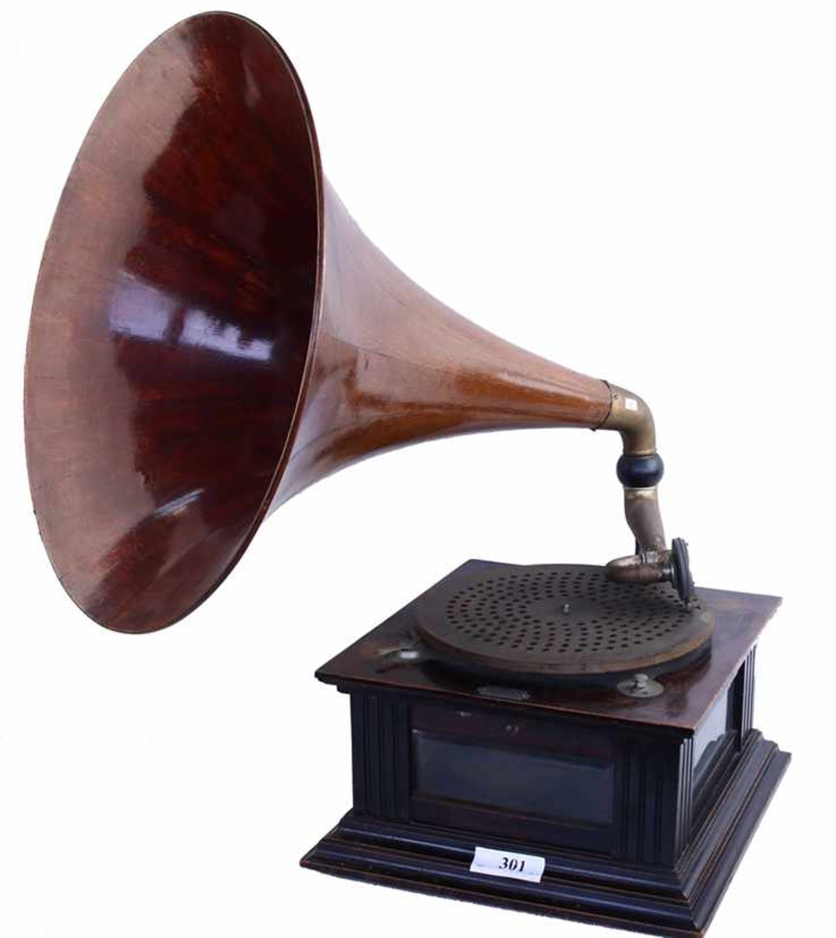 Hoorngrammofoon, Polyphon - Zwart met bruin gelakte houten kast met glazen ruitjes en
