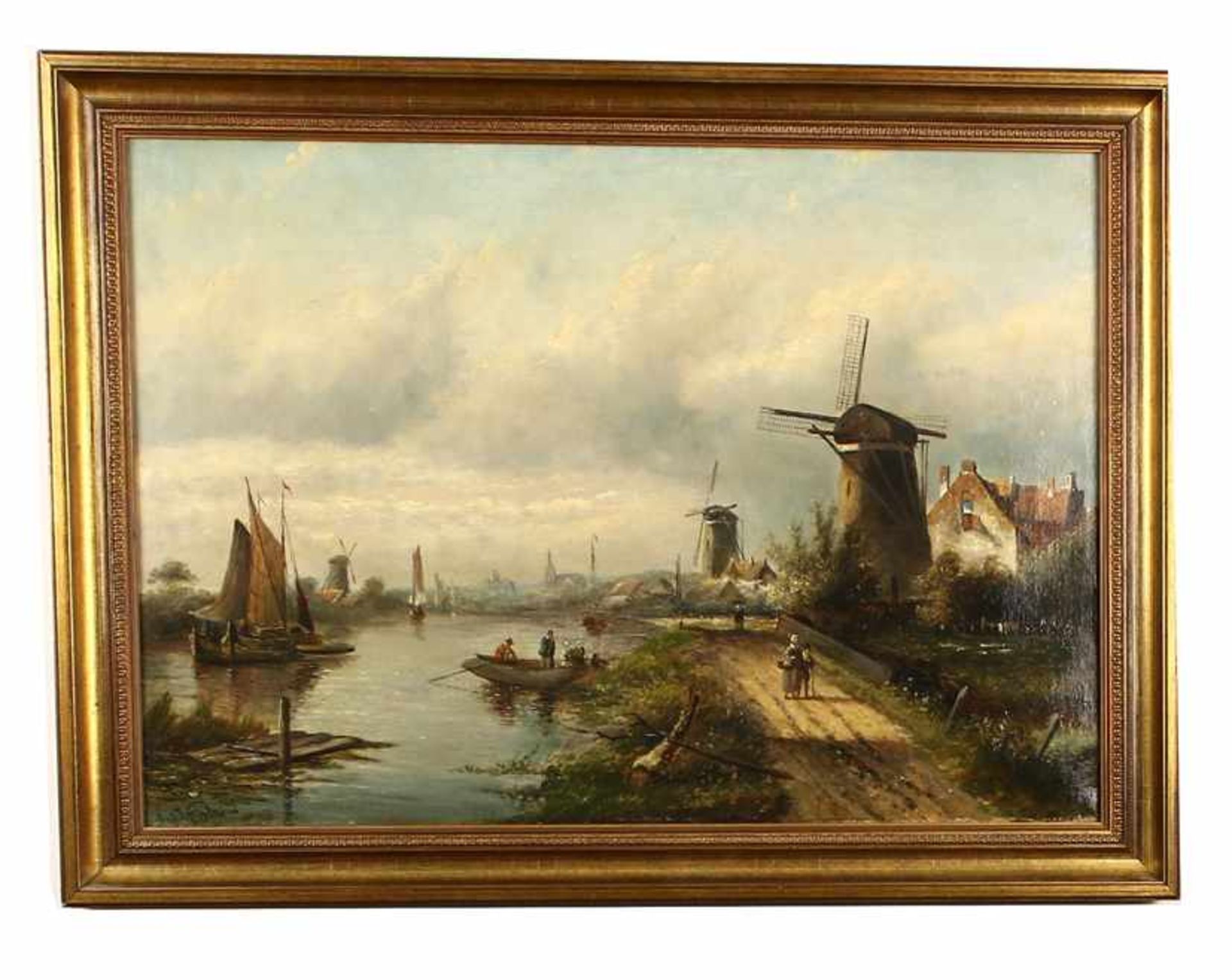 Hollandse School: rivierlandschap met molens en figuren, olieverf op doek, met signatuur J.J.