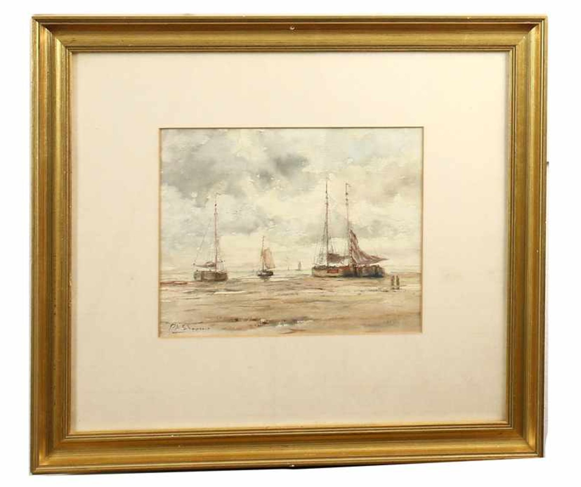 Pieter A. Schipperus (1840-1929), vissersbommen op het strand, aquarel, gesigneerd - 22 x 28 cm -