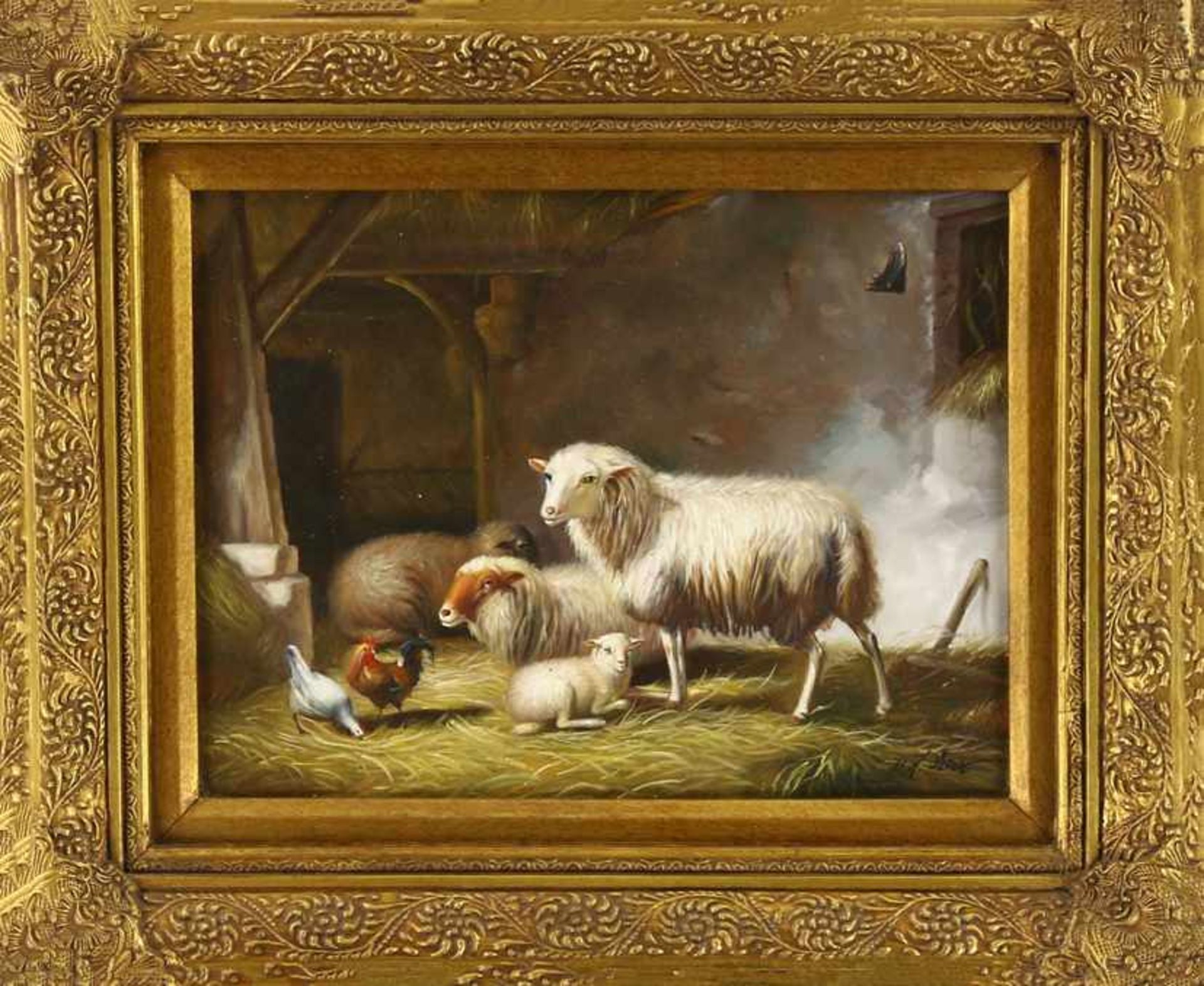 Onbekend, stalinterieur met schapen en lammetje, olieverf op doek, gesigneerd v-d Velde - 30 x 40 cm