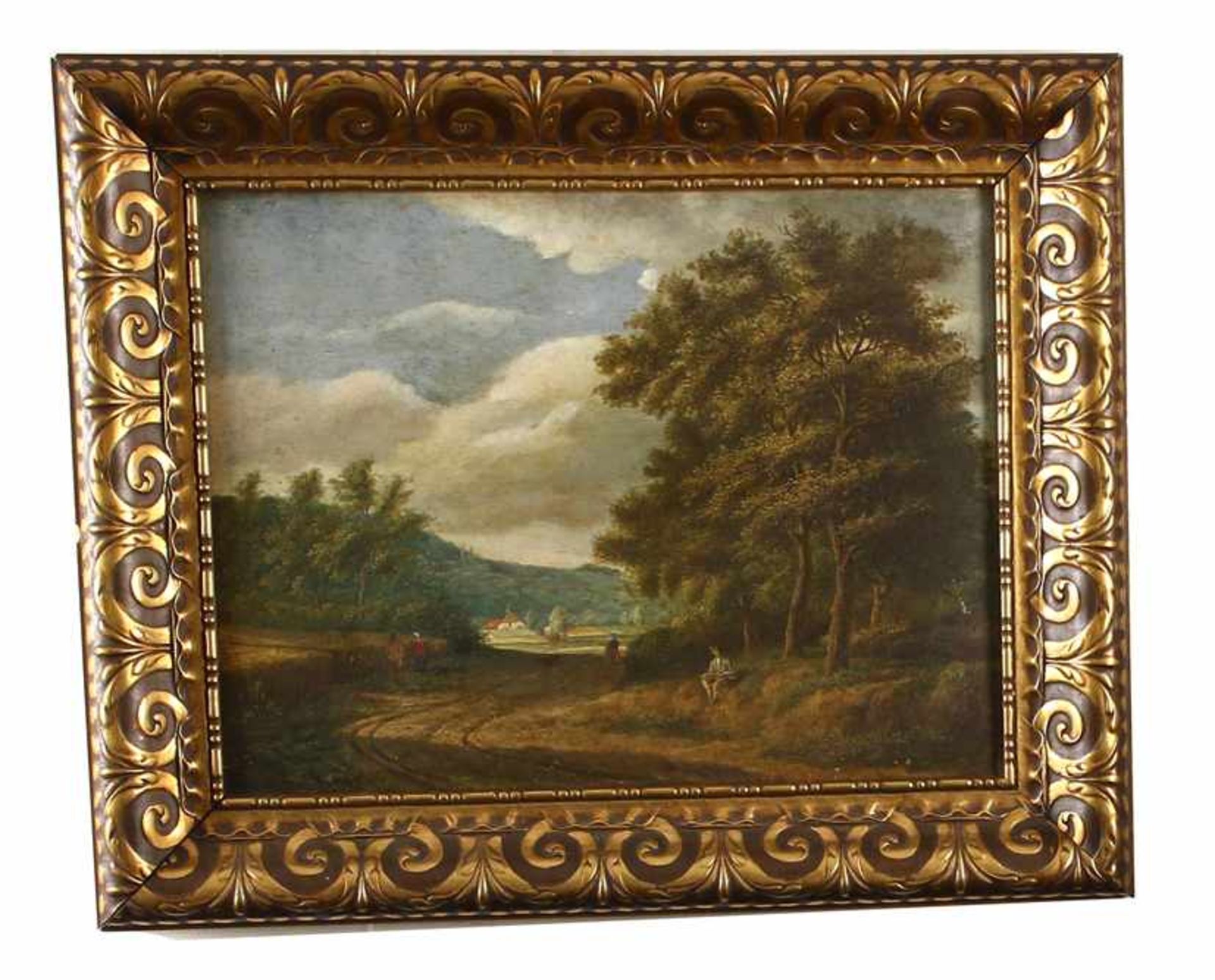 Hollandse School: boslandschap met figuren, olieverf op paneel, midden 19e eeuw -37 x 49 cm-