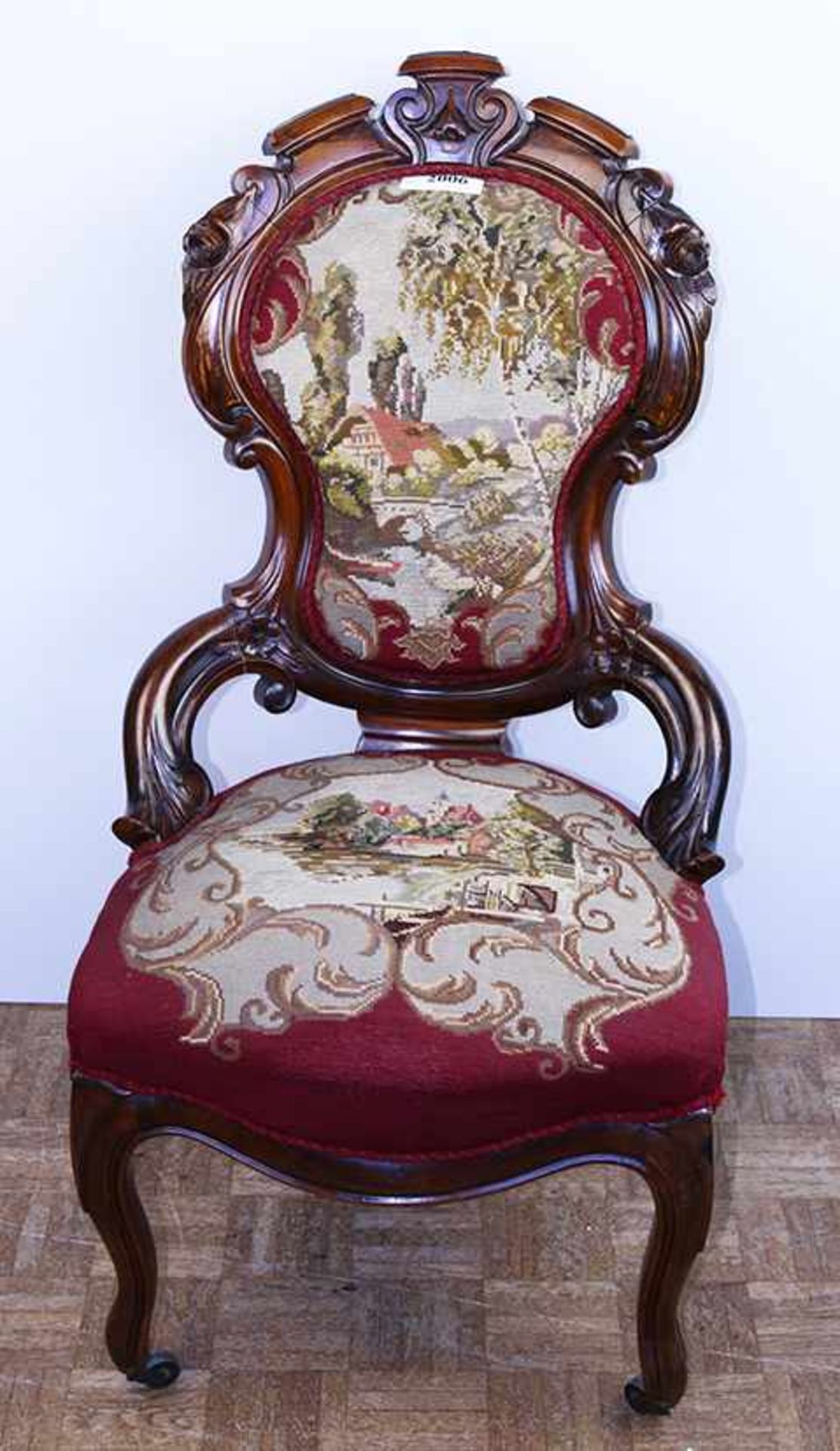 Gestoken mahonie breistoel met petit-point bekleding, landschapsdecor, circa 1870