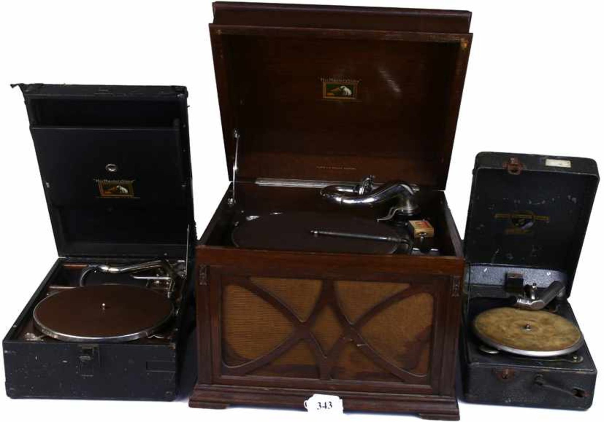 Grammofoon, HMV Model 130 - Eikenhouten tafelmodel met deksel + nummer 5a weergever, Engeland, ca.