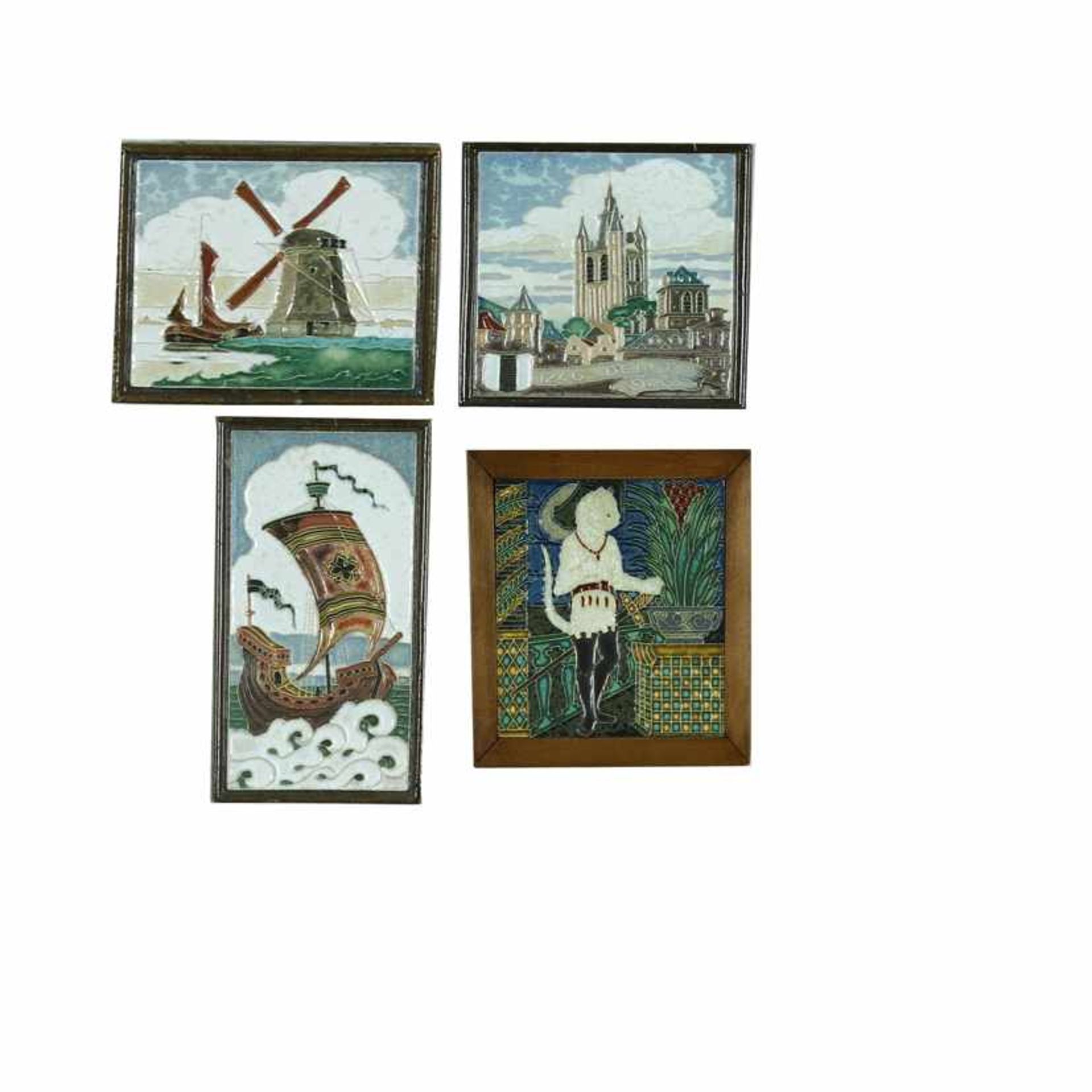 Drie aardewerk cloisonné wandtegels: zeilschip -defecten-22,8 x 12,3, 1246-Delft-1946 en molen aan