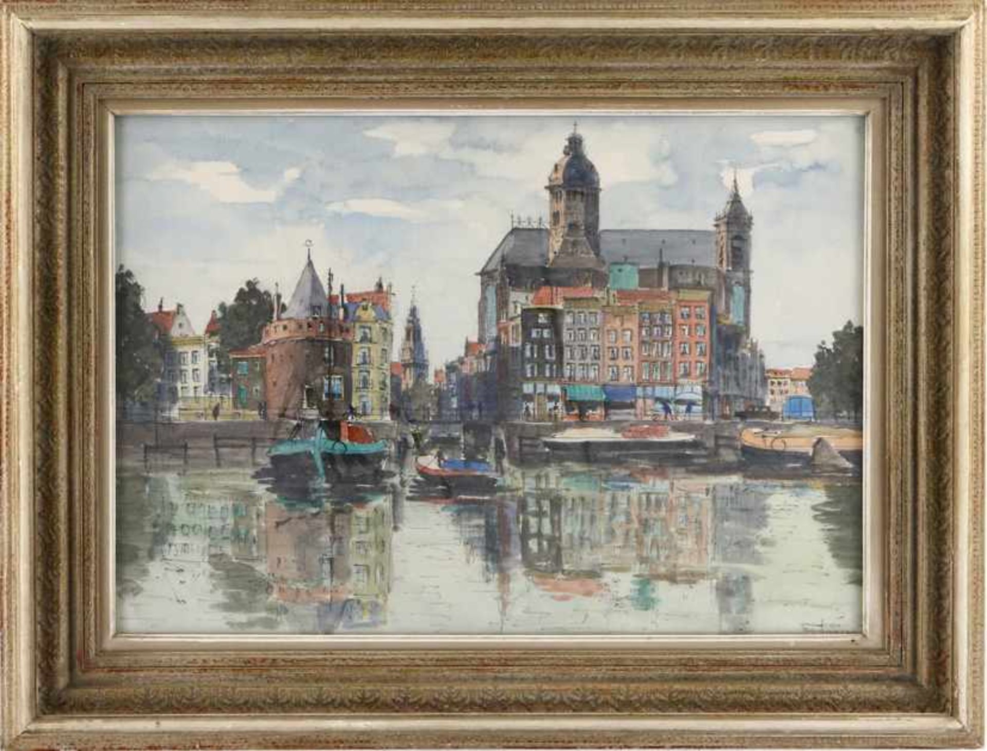 Jan den Hengst (1904-1982), gezicht op de Prins Hendrikkade te Amsterdam, aquarel, gesigneerd - 38 x