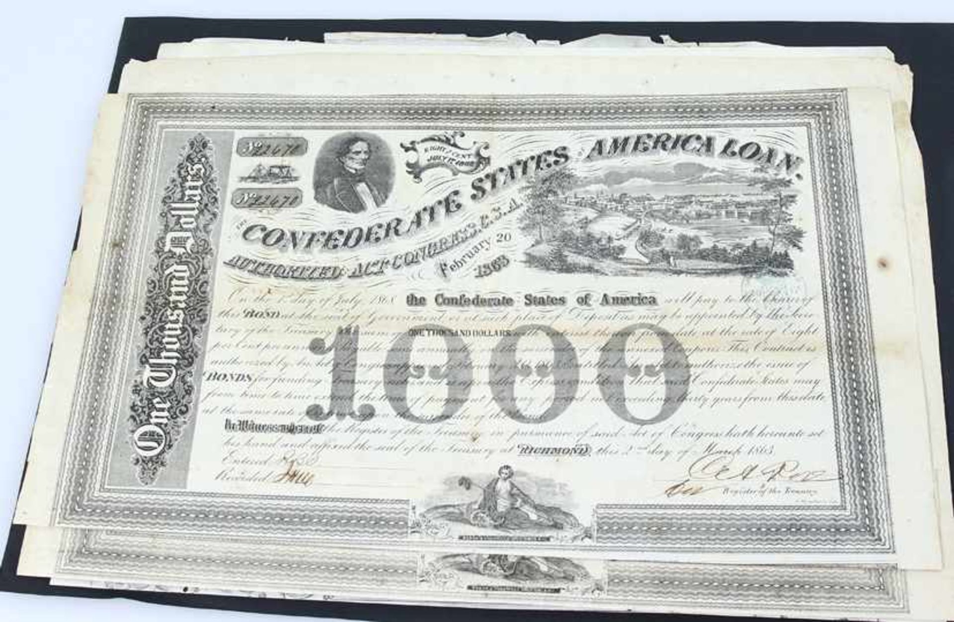 A lot with Confederate States $500 (3x) and $1000 (2x), all Richmond 1863 - totally 5 pieces