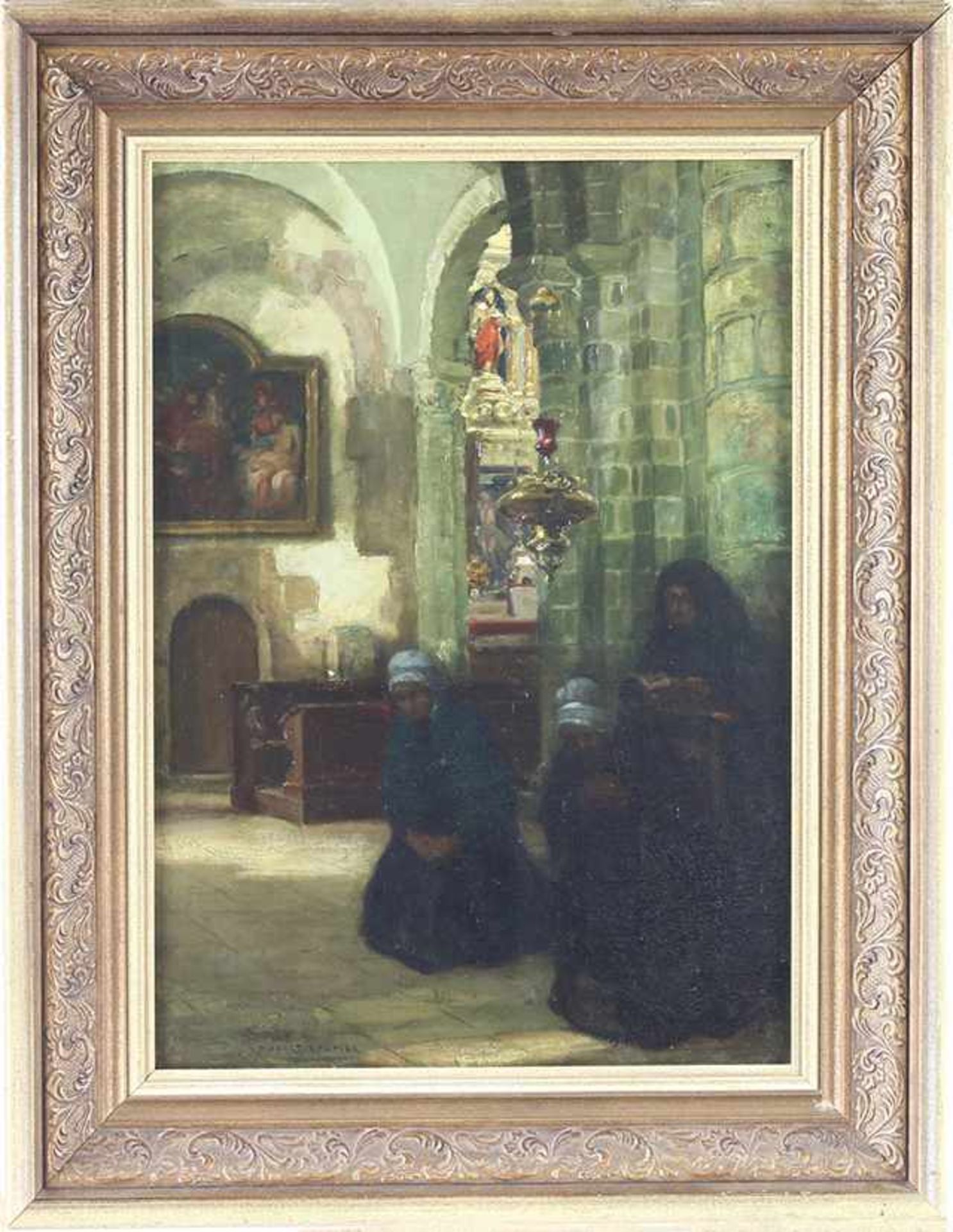 Jean-Hubert Gautier (1872-1930), Bretons kerkinterieur met figuren, olieverf op doek, gesigneerd -