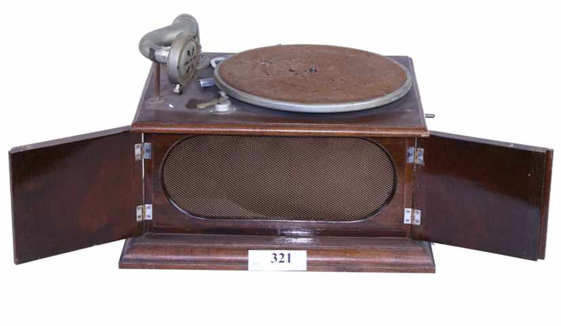 Grammofoon, Merkloos - Mahoniehouten tafelmodel zonder deksel, verkocht door firma Van Hees te