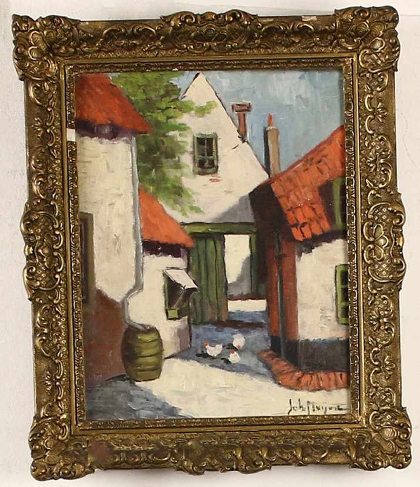 Johan Meijer (1885-1970), binnenplaatsje met kippen, olieverf op doek, gesigneerd -29,5 x 22,5 cm-