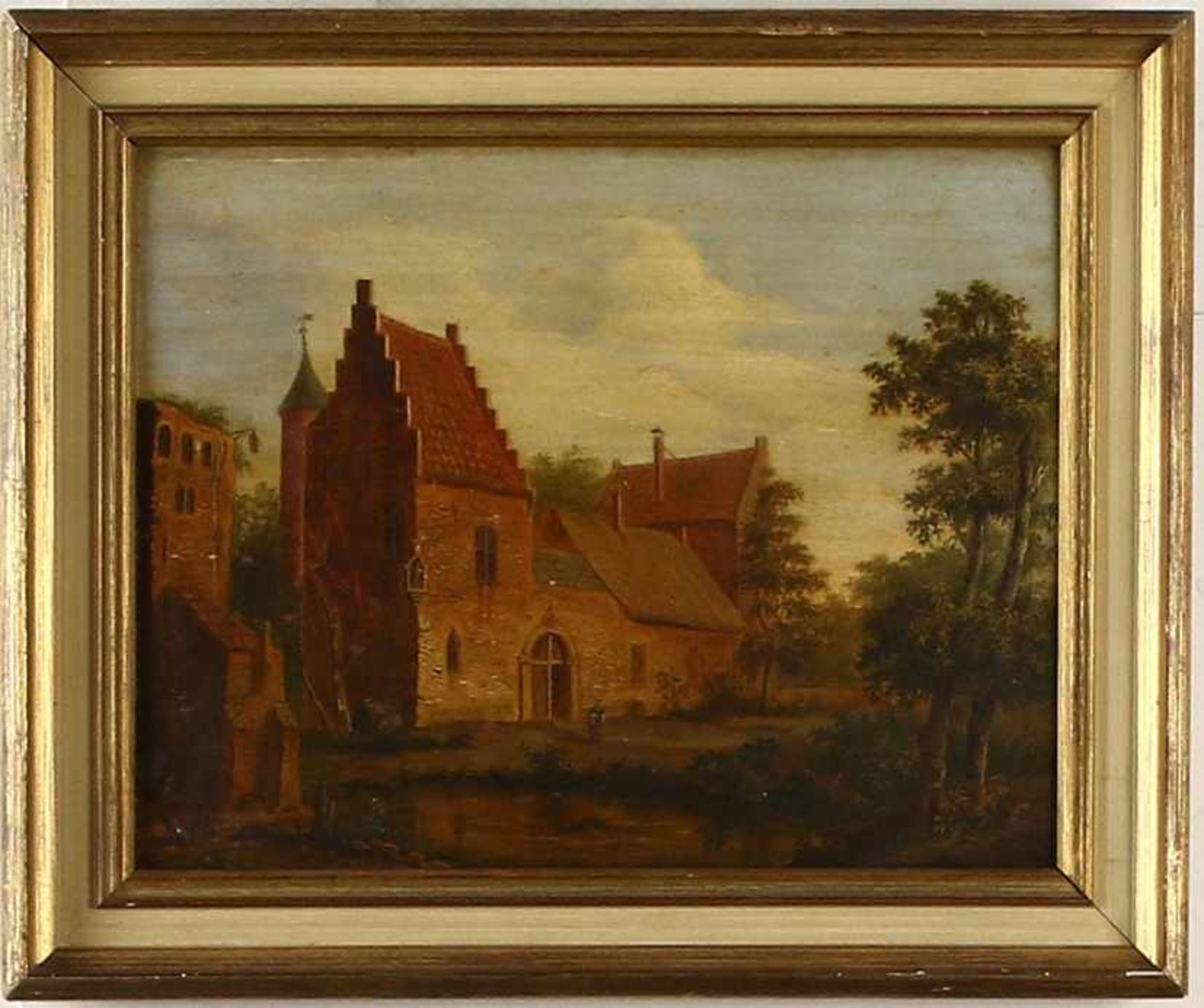 Hollandse School: gezicht op de voorgebouwen en ruïne van een kasteel, olieverf op paneel, 19e