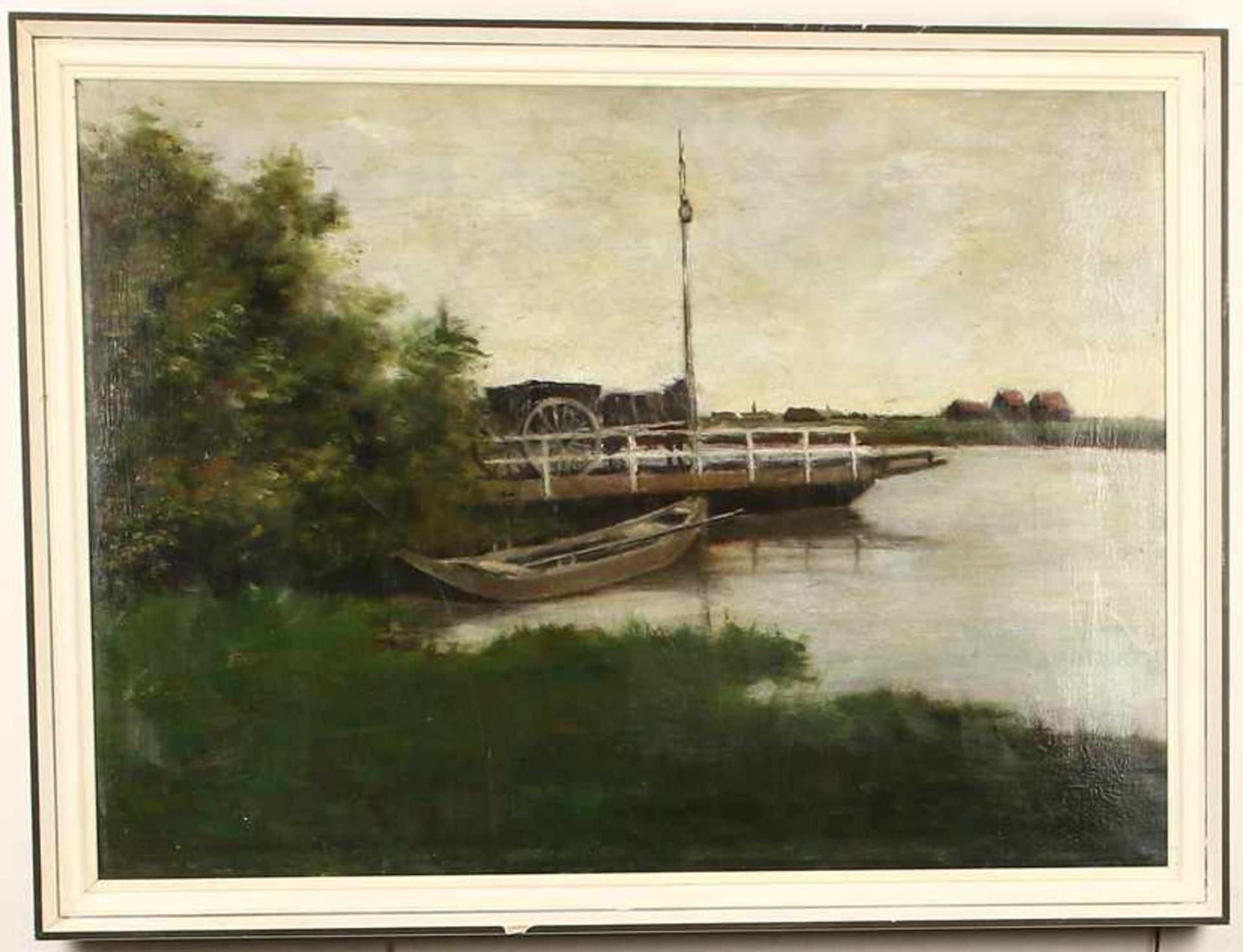 Hollandse School: veerpont bij rivier, olieverf op doek, midden 20e eeuw -46,5 x 65 cm-