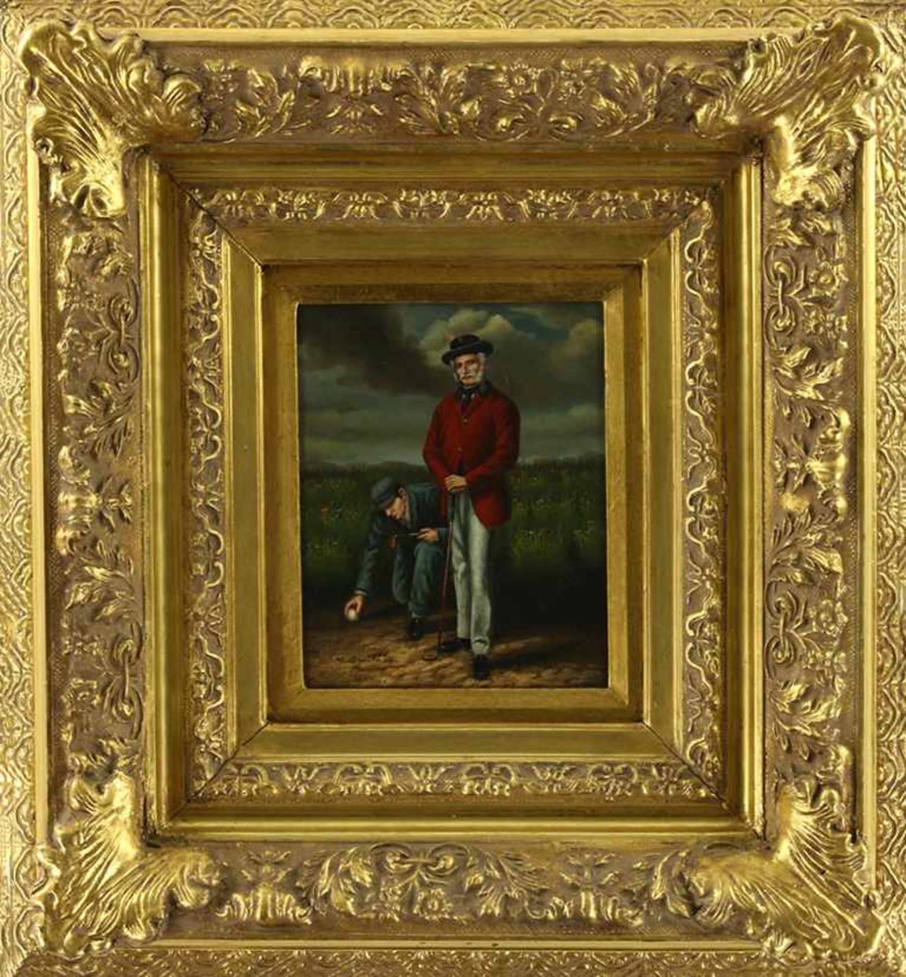 Engelse School: 'a game of golf', olieverf op paneel, gesigneerd M. Smith - 24 x 20 cm -