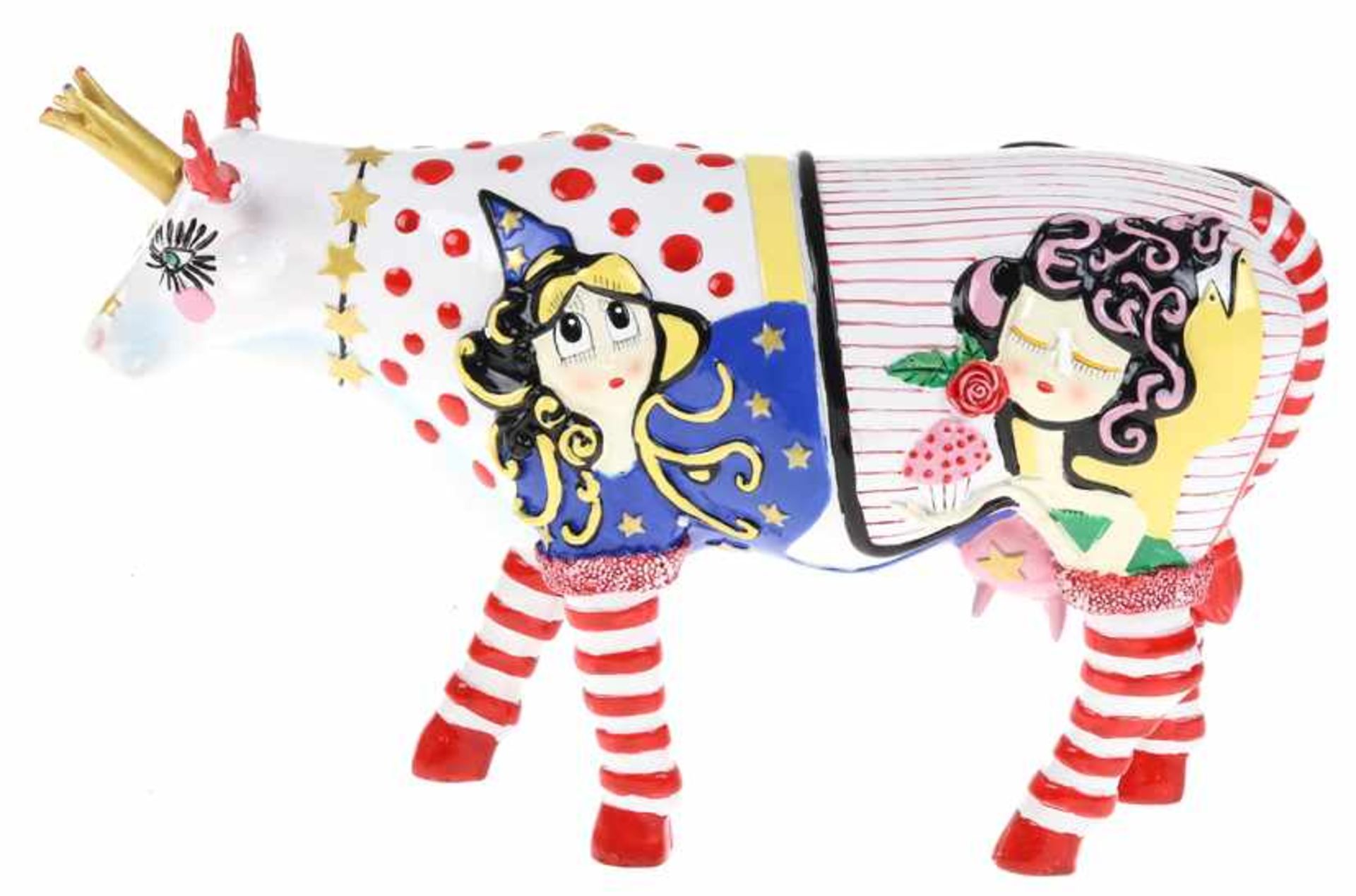 Polychroom gedecoreerde sculptuur van een koe, gemerkt: Cow Parade, ontwerp: Irene Lenguas, in
