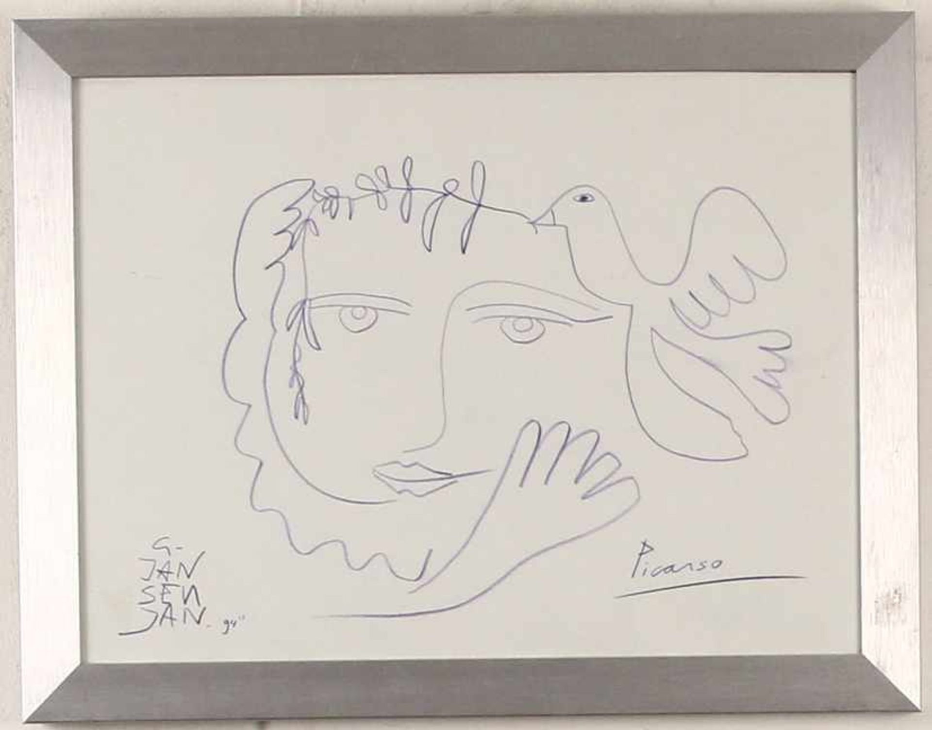 Geert Jan Jansen (1943), paarsblauwe tekening met vrouwenhoofd en duif in de stijl van Picasso,