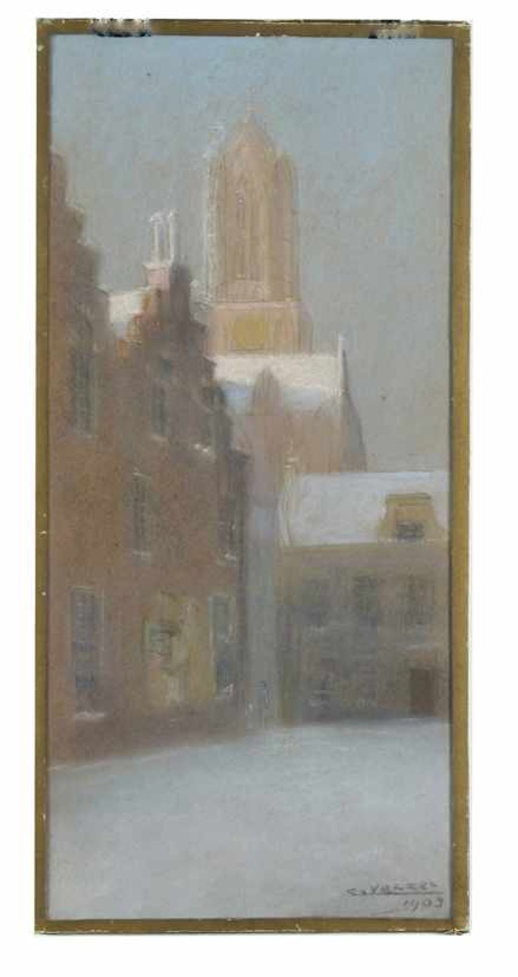 Coenraad van Velzel (1878-1967), huizen met domtoren op de achtergrond te Utrecht in de sneeuw,