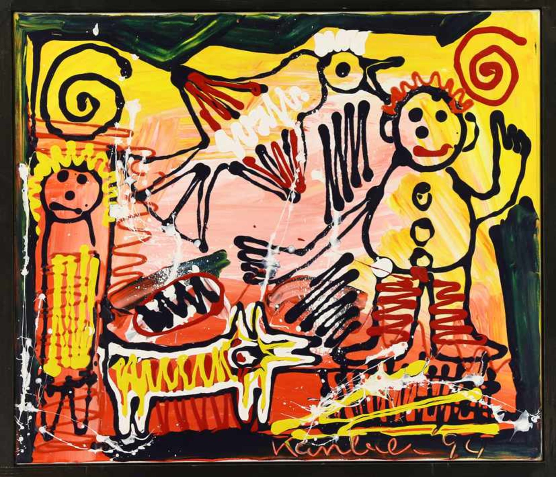 Jacob Kanbier (1949), compositie met figuren, hond en vogel, olieverf op doek, gesigneerd en