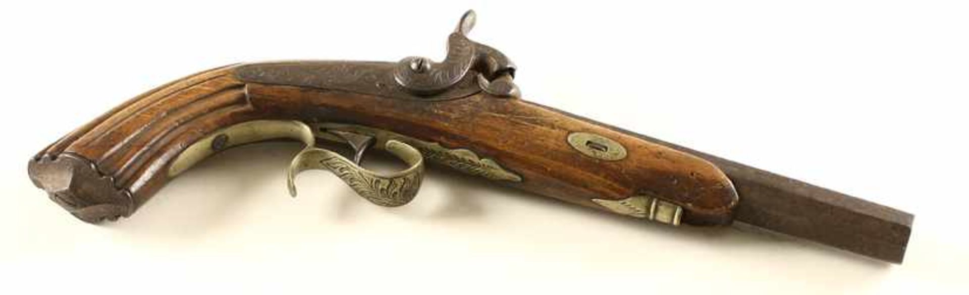 Percussion pistol, no maker markings, some cracks in wood, metal slightly rusted, ramrod missing,