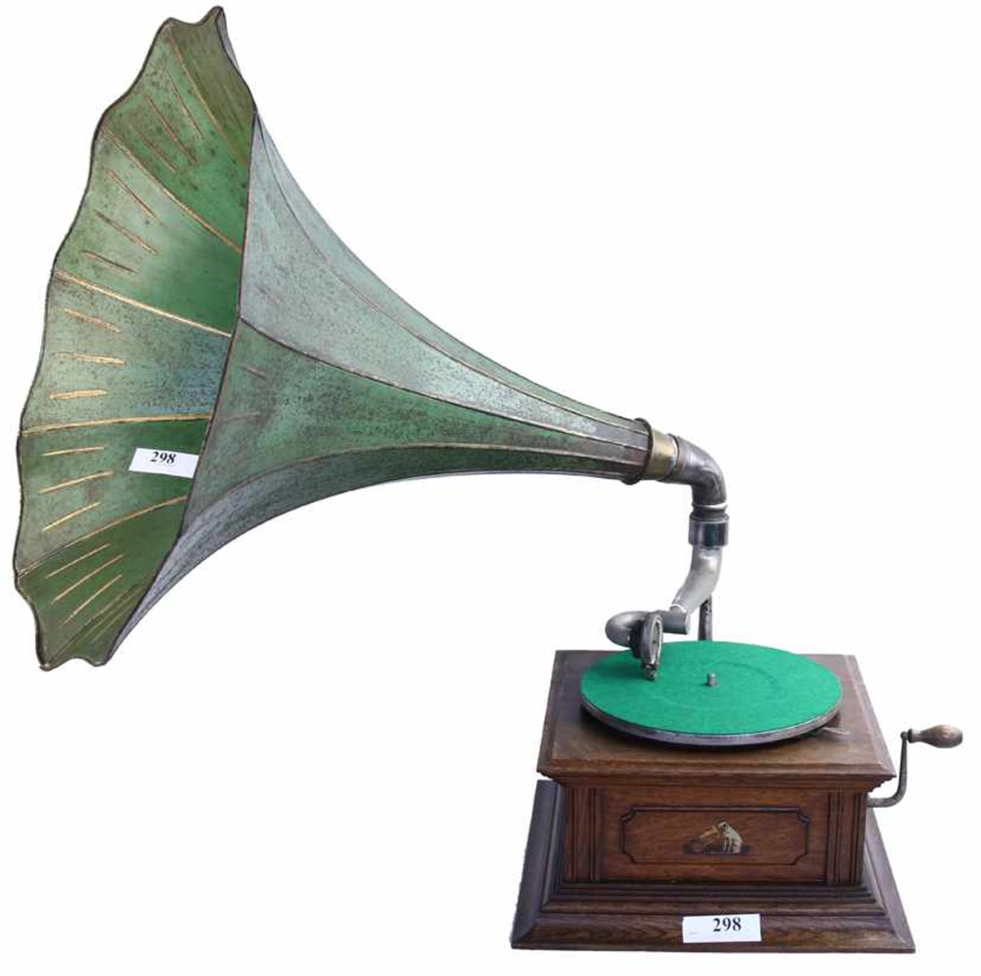 Hoorngrammofoon, HMV 1V (H.D.O.) - Eikenhouten kast met panelen en het HMV embleem met groene
