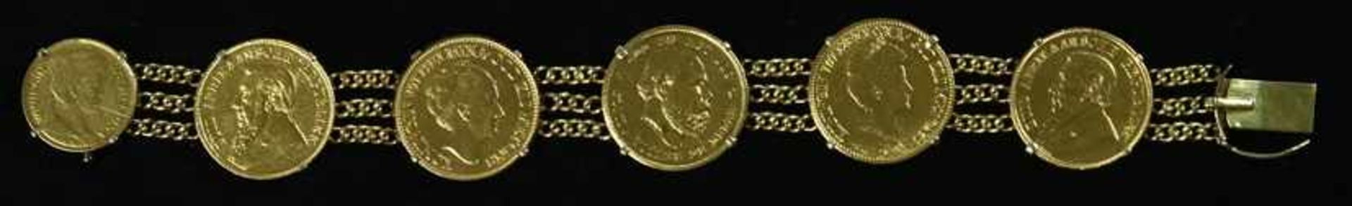 14k yellow gold bracelet set with six coins: three Ten Guilders/Gouden Tientje 1876, 1916 and