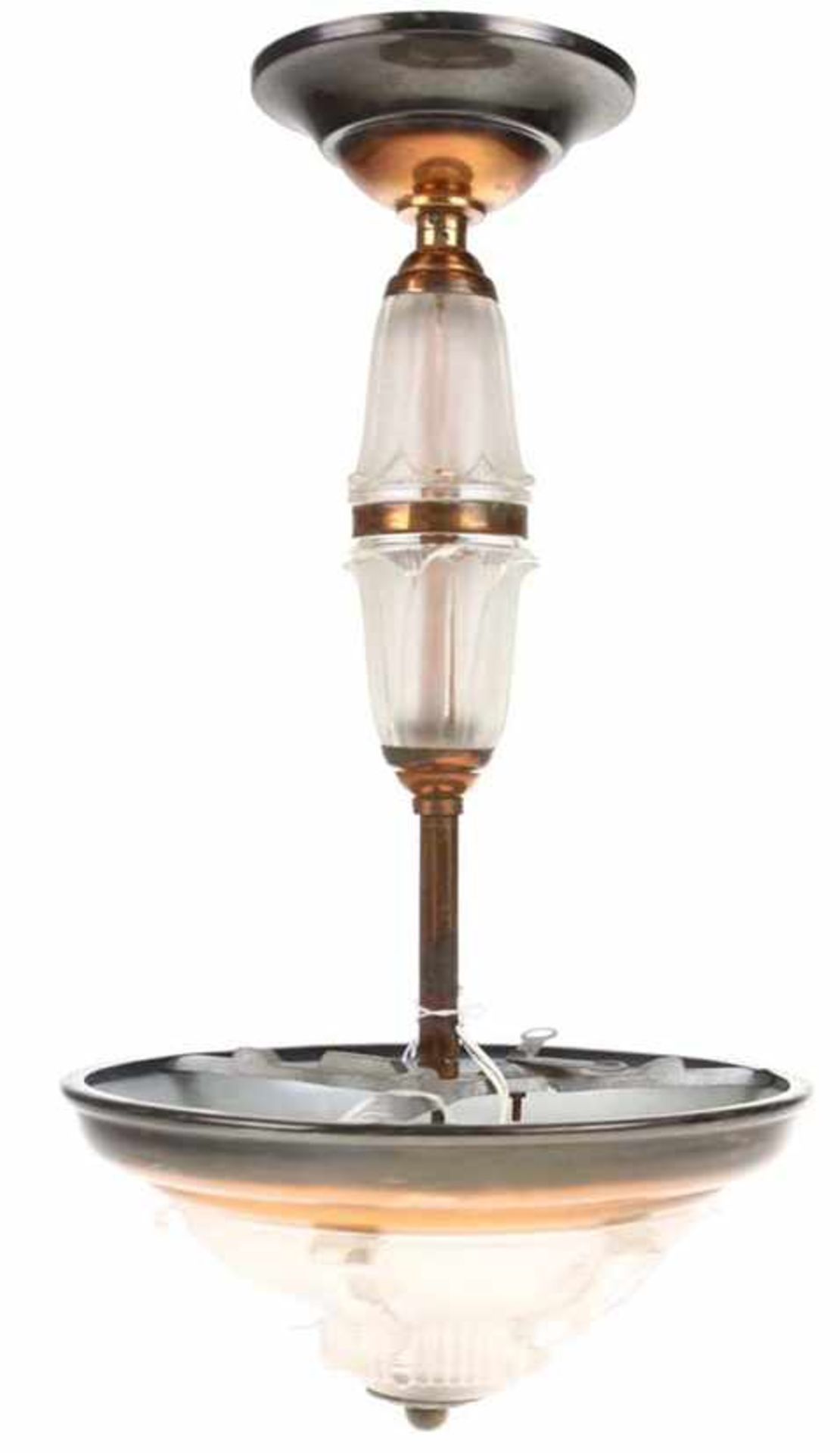 Messing en persglazen hallamp, mogelijk Ezan, circa 1920 - L. 55 cm -