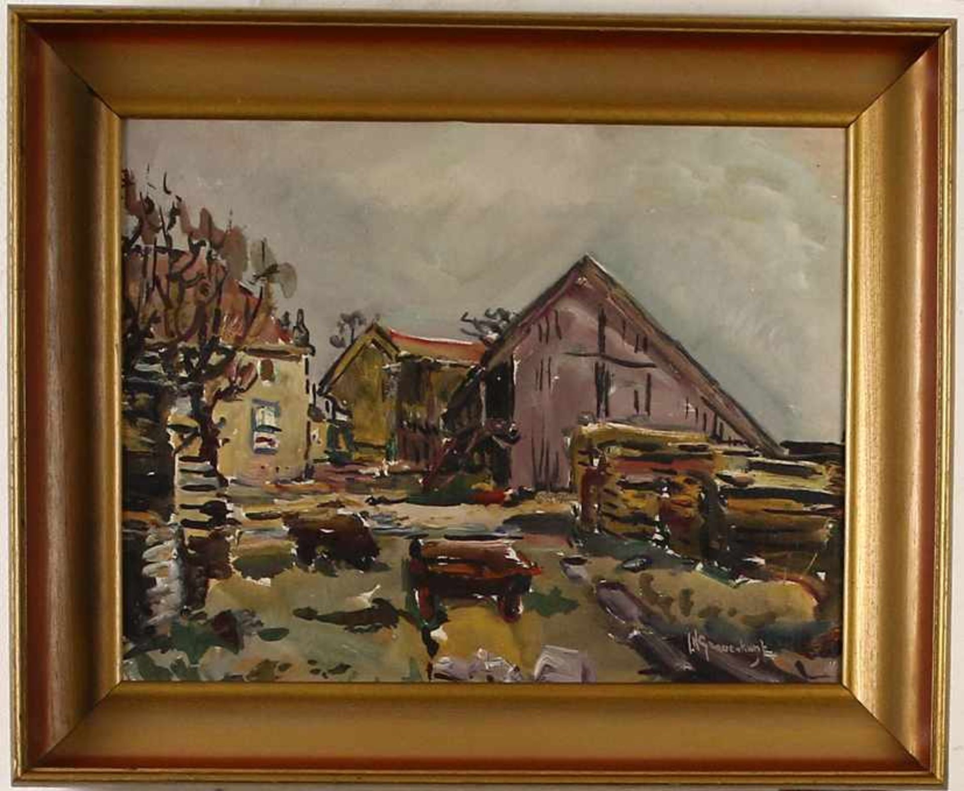 Jan Hendrik Grauenkamp (1902-1980), erf van een boerderij, marouflé, gesigneerd -33 x 43 cm-