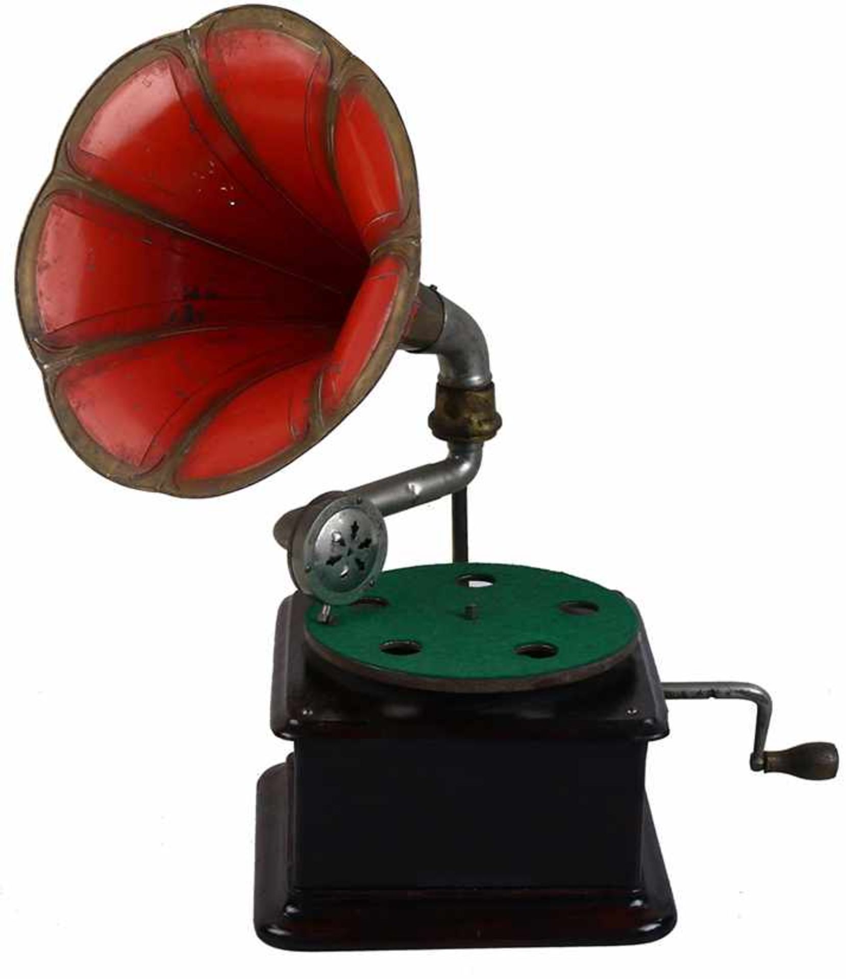 Hoorngrammofoon, Merkloos - Mini hoorngrammophoon met houten kast en rood-gouden bloemenhoorn (dm 26