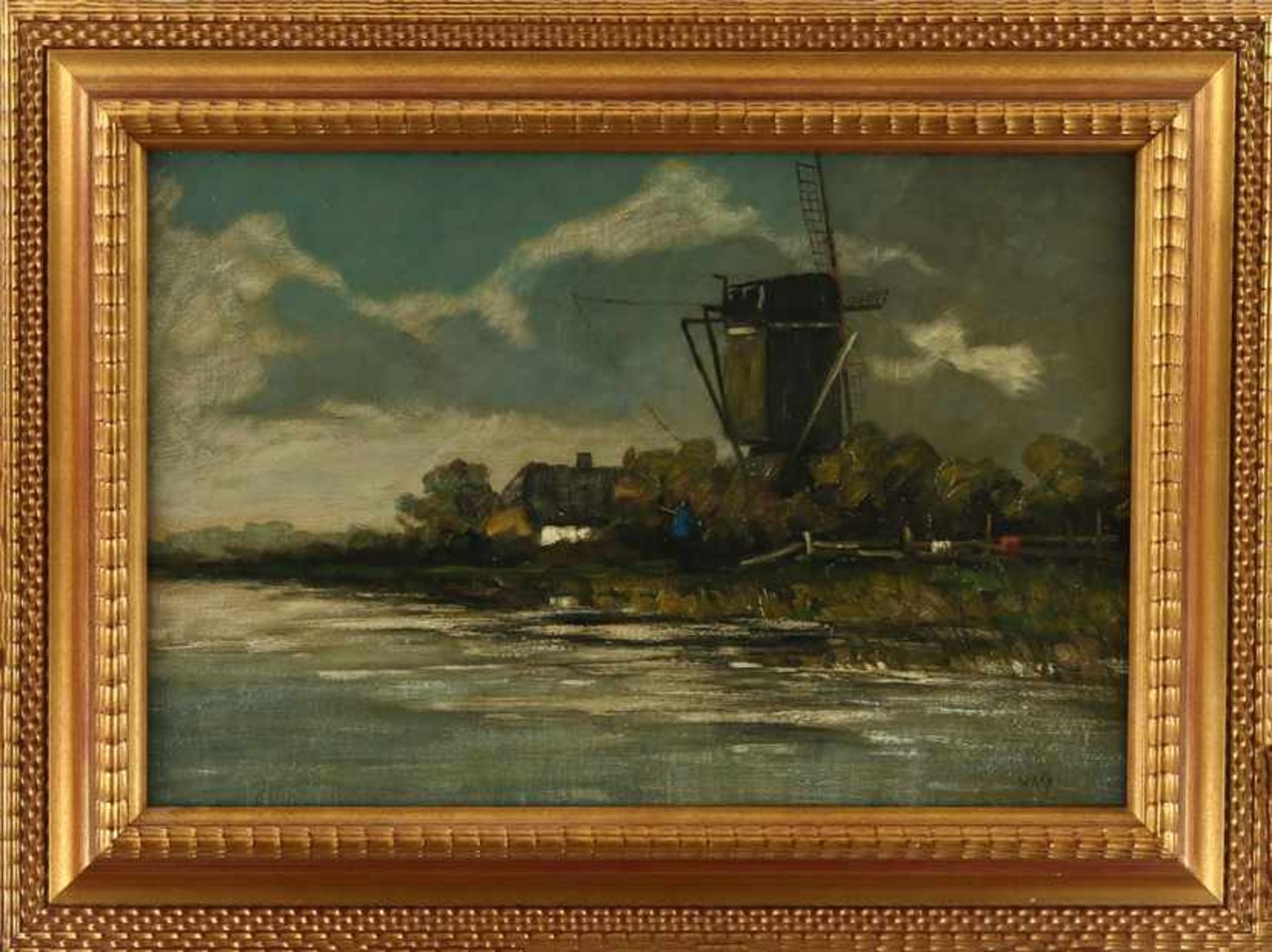 Hollandse School: molen langs een vaart, olieverf op paneel, met signatuur, W. Rip - 40 x 60 cm -